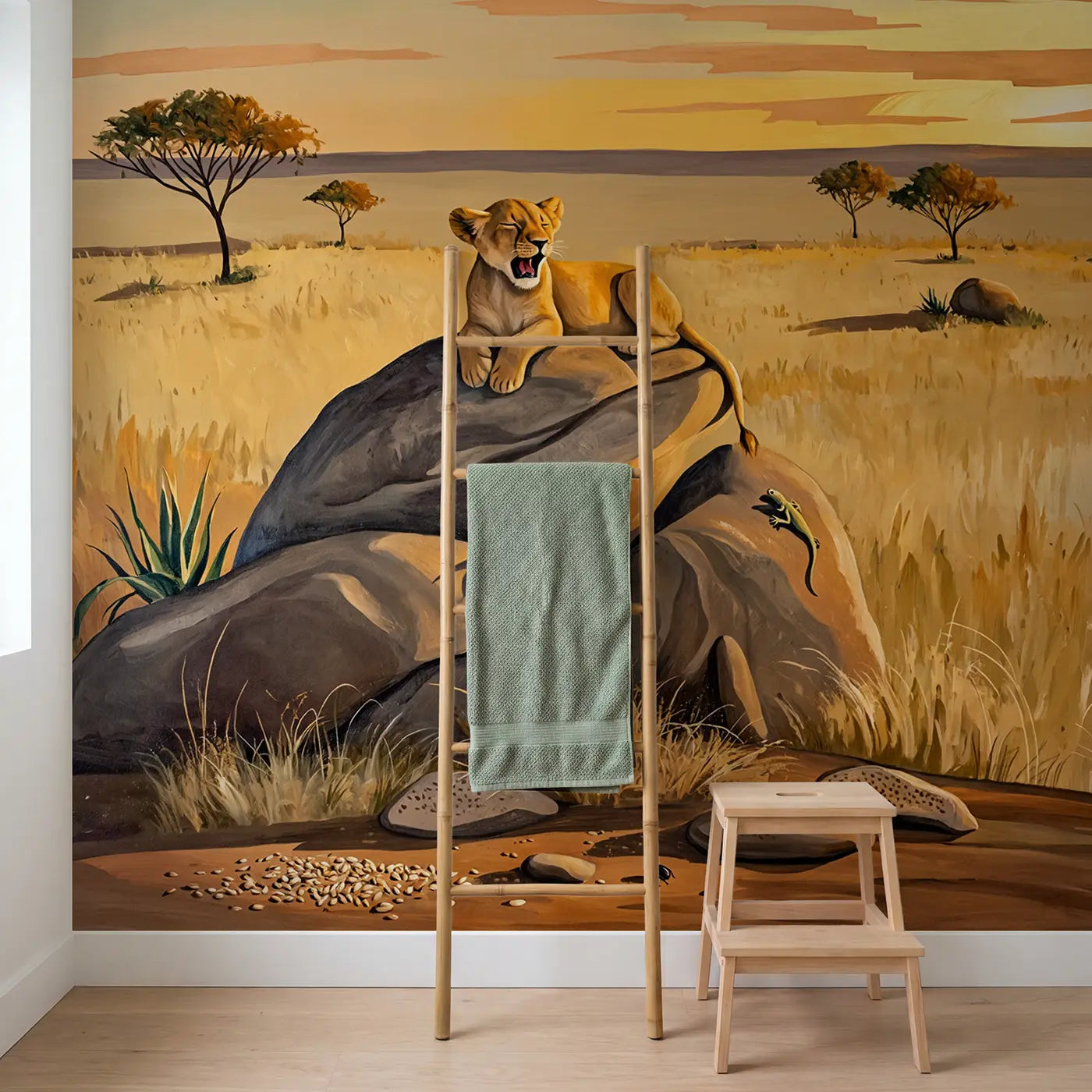 Yawning Lion Cub Kopje Wallpaper Mural in playroom setting by Whimsy Tots