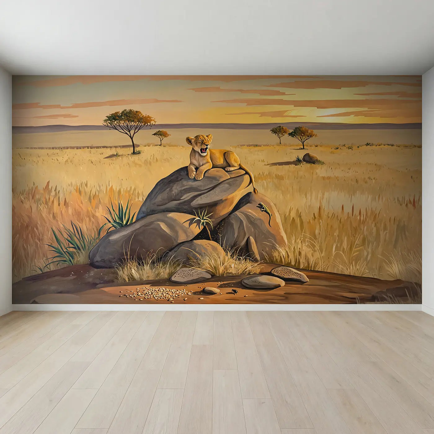 Full view of Yawning Lion Cub Kopje Wallpaper Mural by Whimsy Tots
