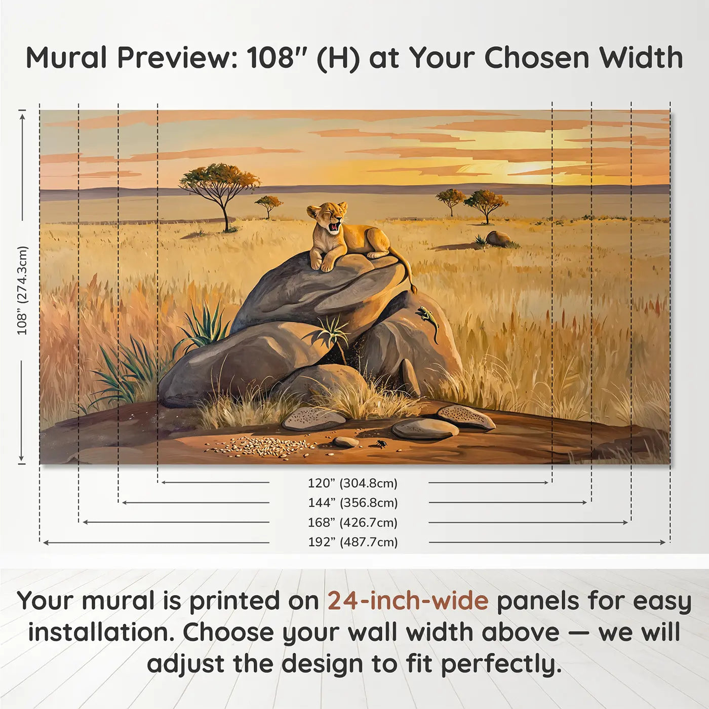 Panel layout and dimensions for Yawning Lion Cub Kopje Wallpaper Mural by Whimsy Tots