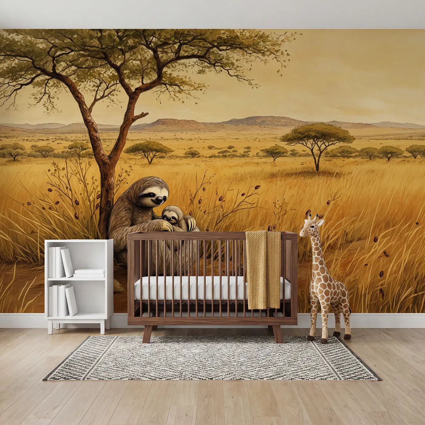 Storybook sloth baby tree safari wallpaper mural for nursery by Whimsy Tots