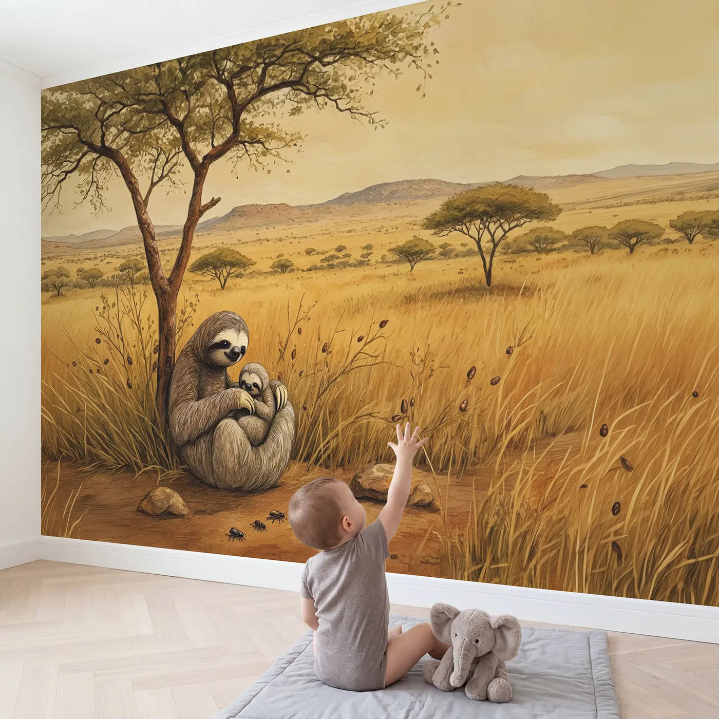 Child in nursery with Sloth Baby Belly Tree Wallpaper Mural by Whimsy Tots