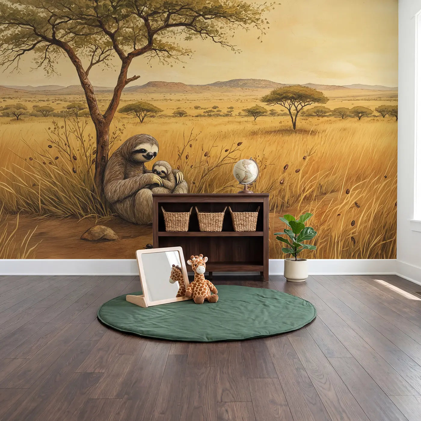 Sloth Baby Belly Tree Wallpaper Mural in playroom setting by Whimsy Tots