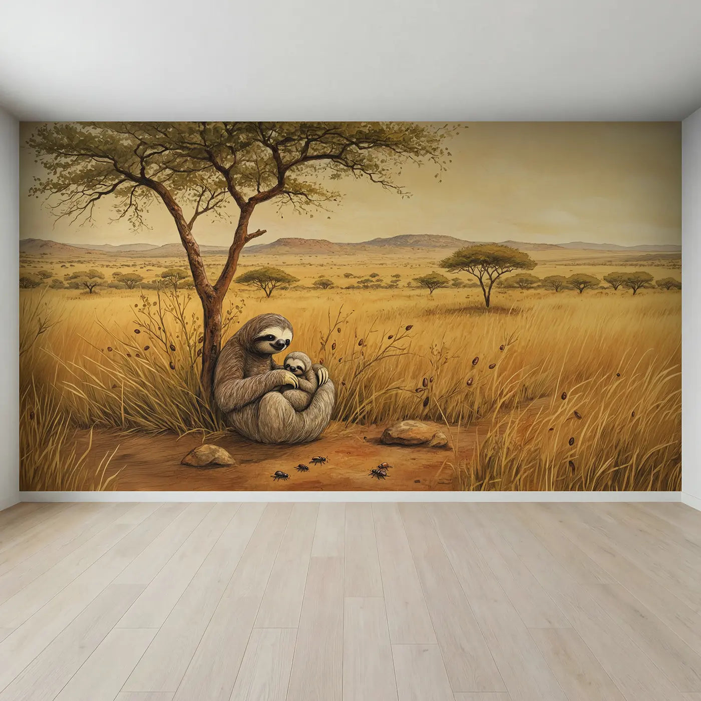 Full view of Sloth Baby Belly Tree Wallpaper Mural by Whimsy Tots