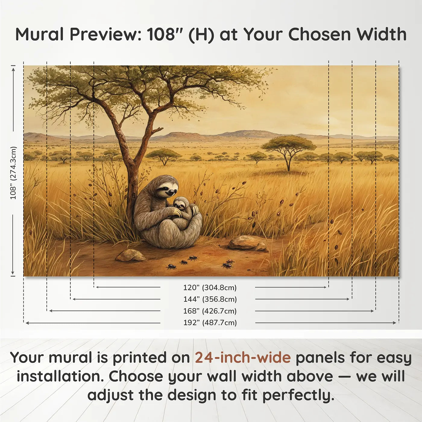 Panel layout and dimensions for Sloth Baby Belly Tree Wallpaper Mural by Whimsy Tots