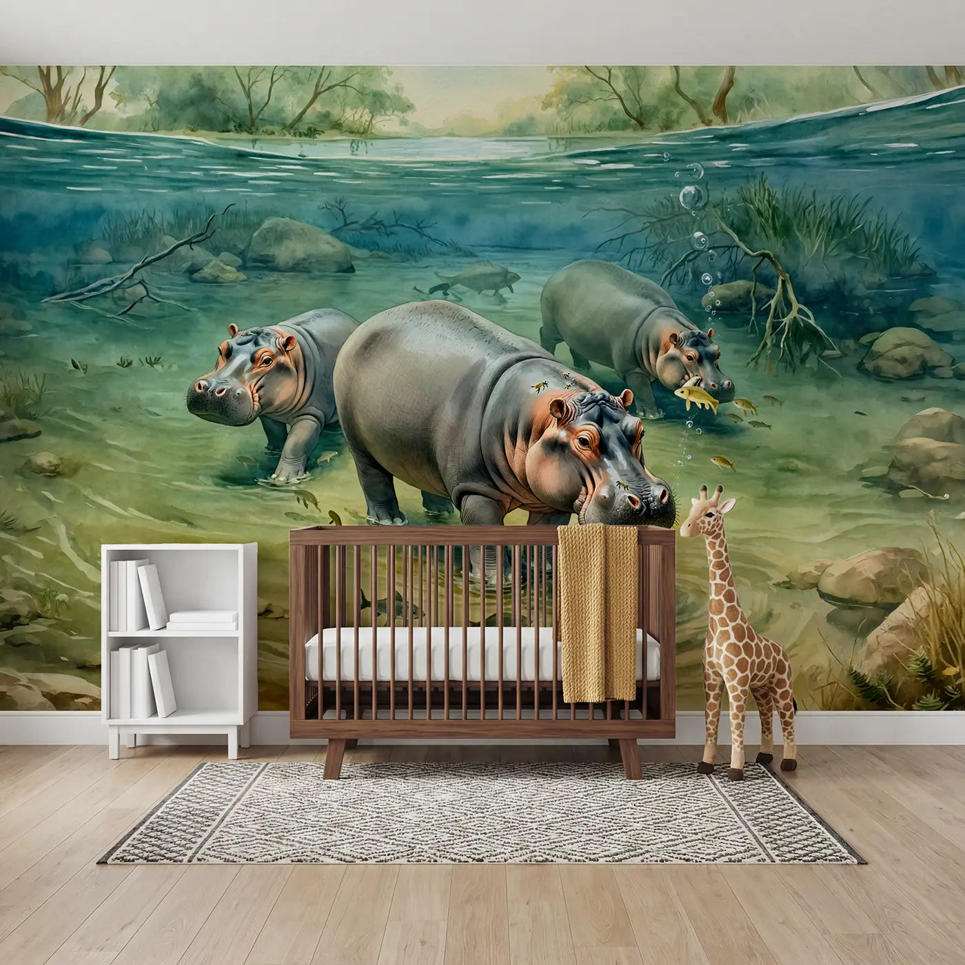 watercolor underwater hippo river jungle wallpaper mural for kids room by Whimsy Tots