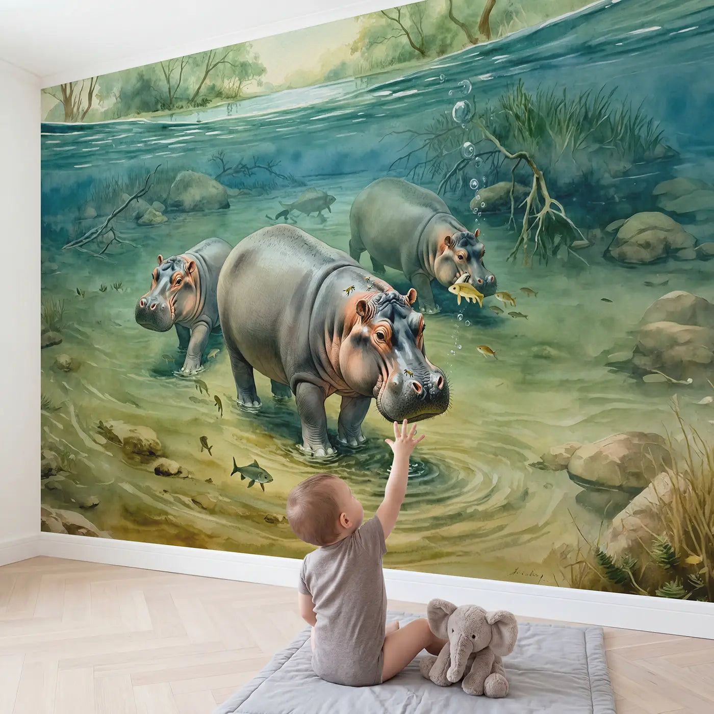 Child in nursery with Underwater Hippo River Scene Wallpaper Mural by Whimsy Tots