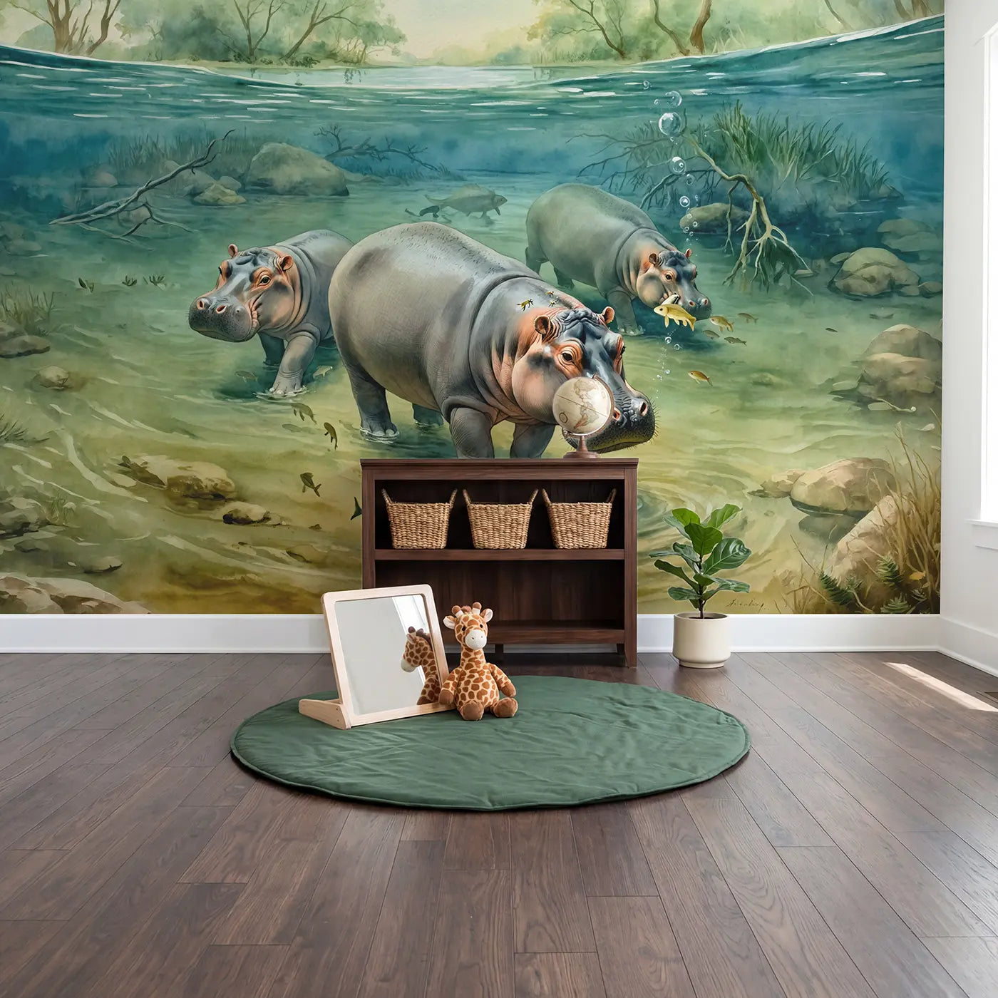 Underwater Hippo River Scene Wallpaper Mural in playroom setting by Whimsy Tots