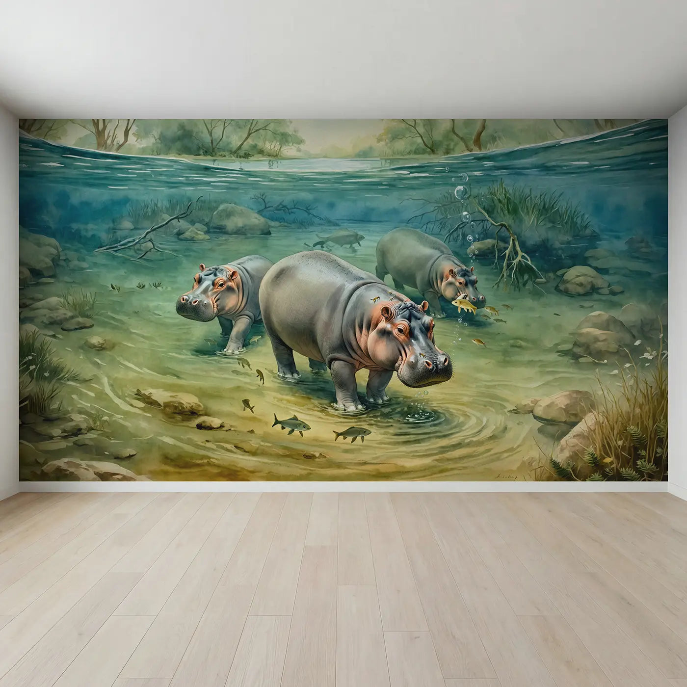 Full view of Underwater Hippo River Scene Wallpaper Mural by Whimsy Tots