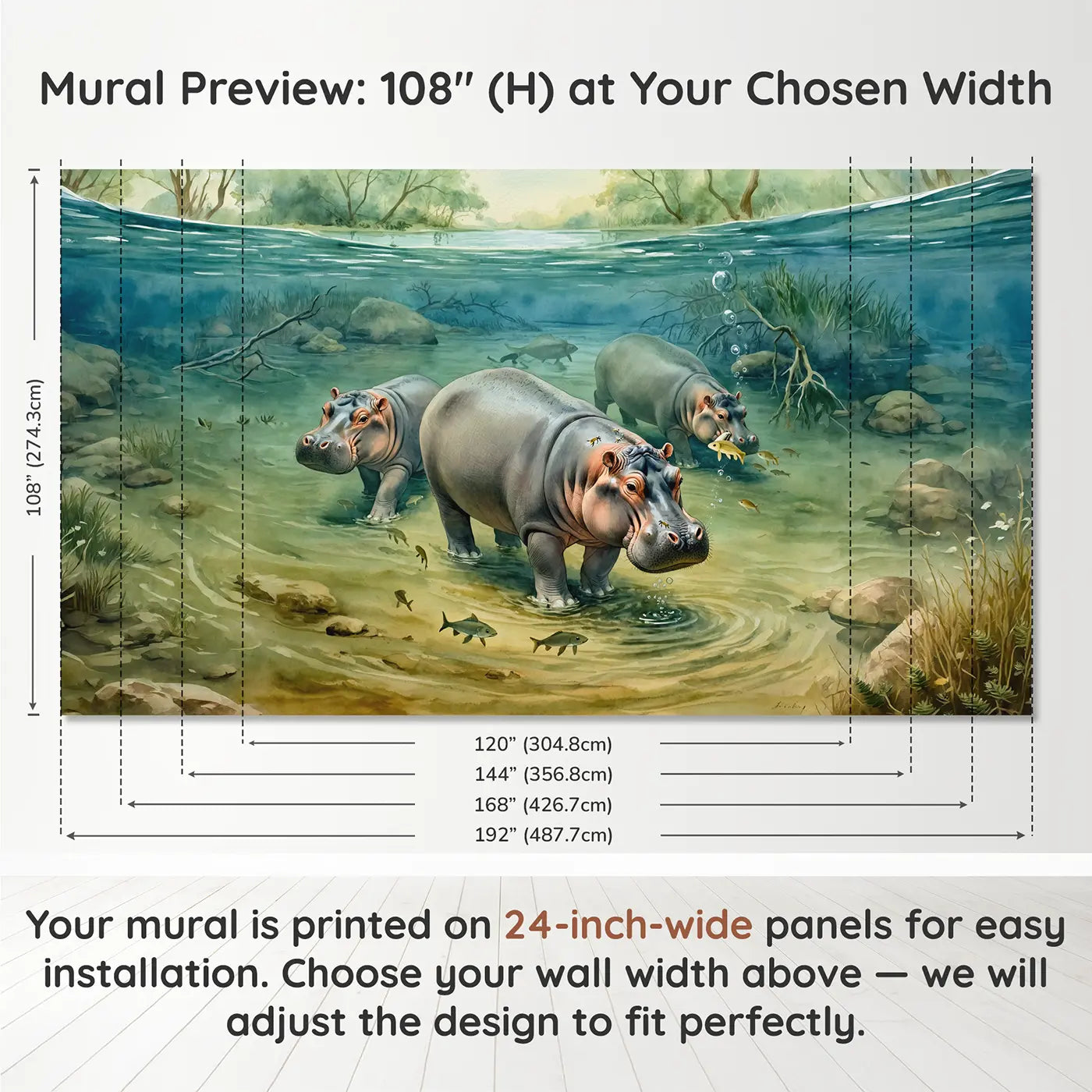 Panel layout and dimensions for Underwater Hippo River Scene Wallpaper Mural by Whimsy Tots
