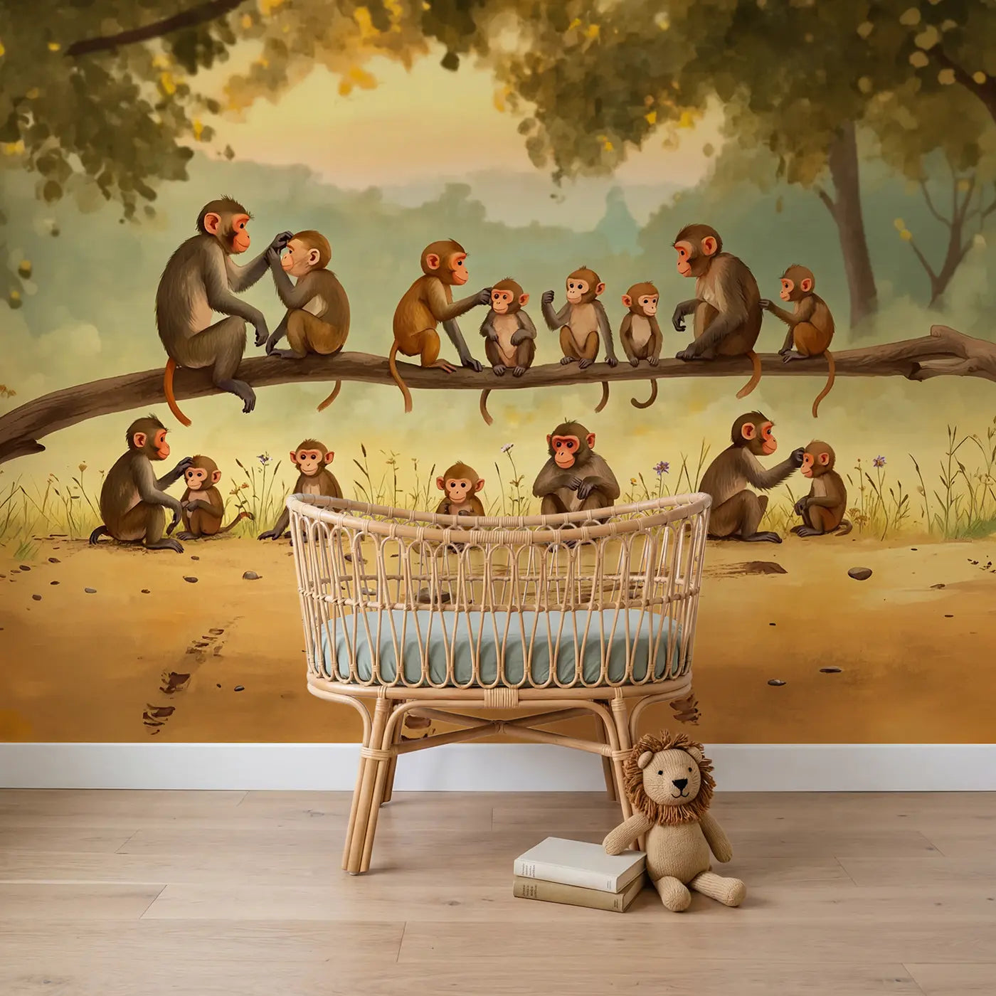 pastel monkeys grooming jungle branch wallpaper mural for nursery by Whimsy Tots