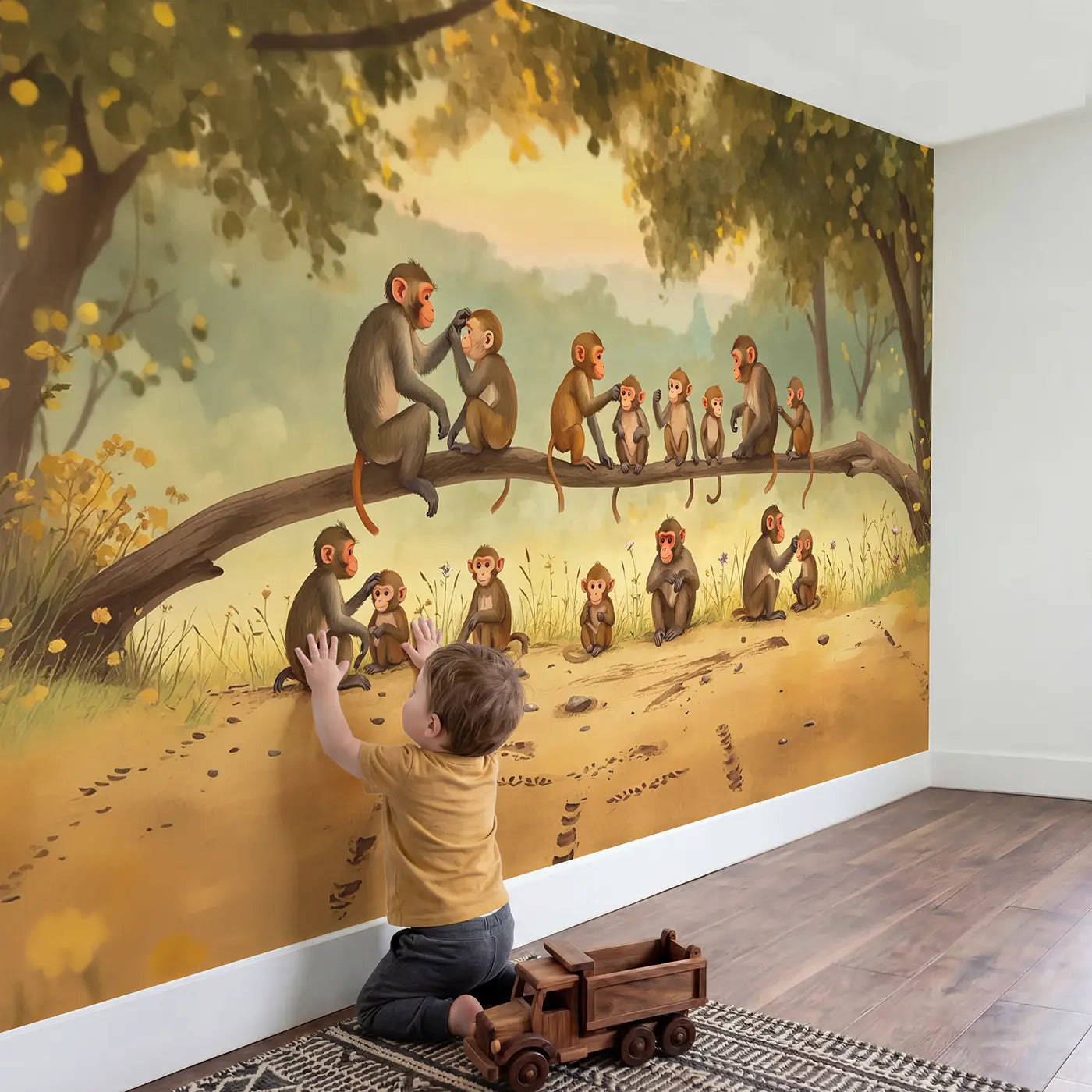 Child in nursery with Monkeys Grooming Branch Wallpaper Mural by Whimsy Tots