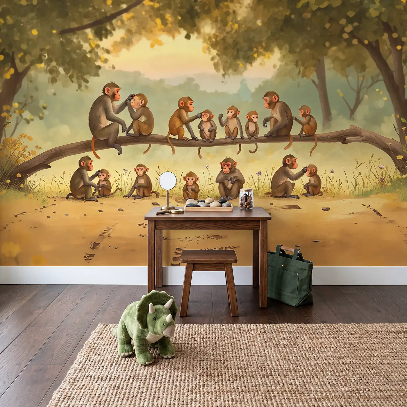 Monkeys Grooming Branch Wallpaper Mural in playroom setting by Whimsy Tots