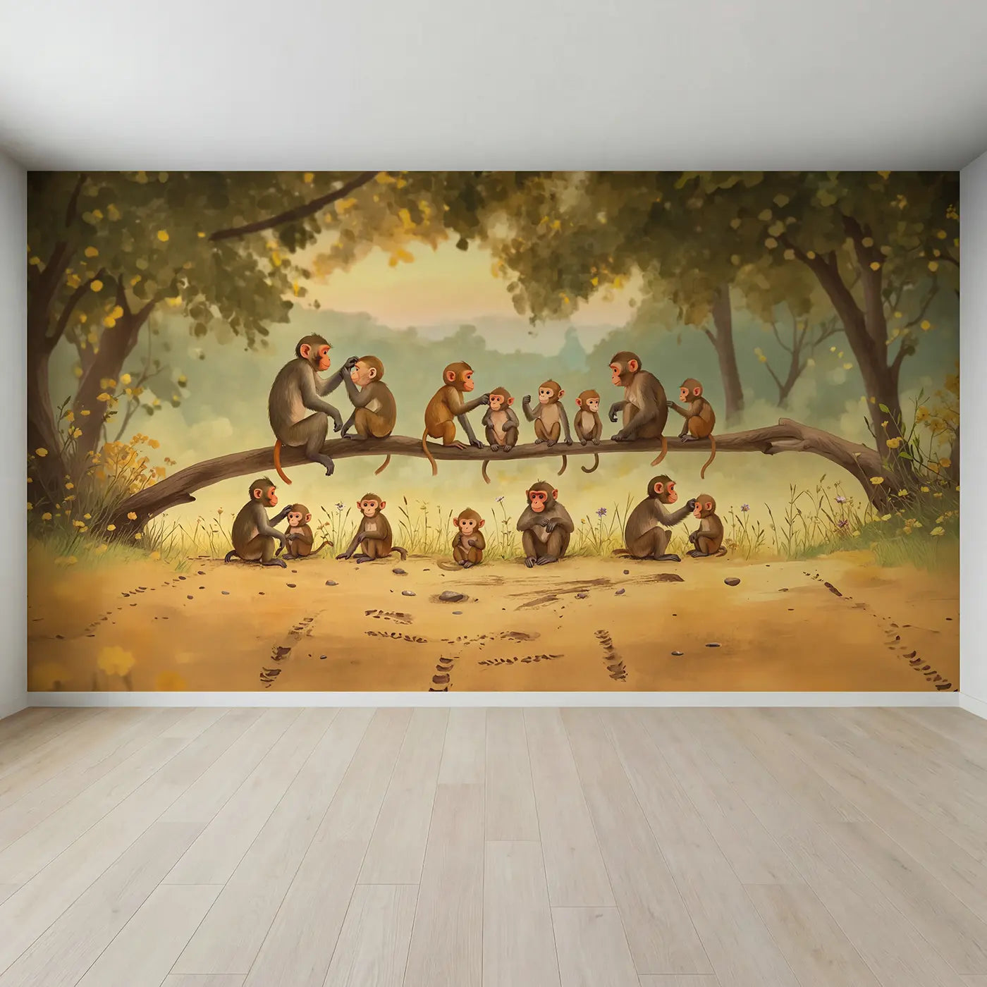 Full view of Monkeys Grooming Branch Wallpaper Mural by Whimsy Tots