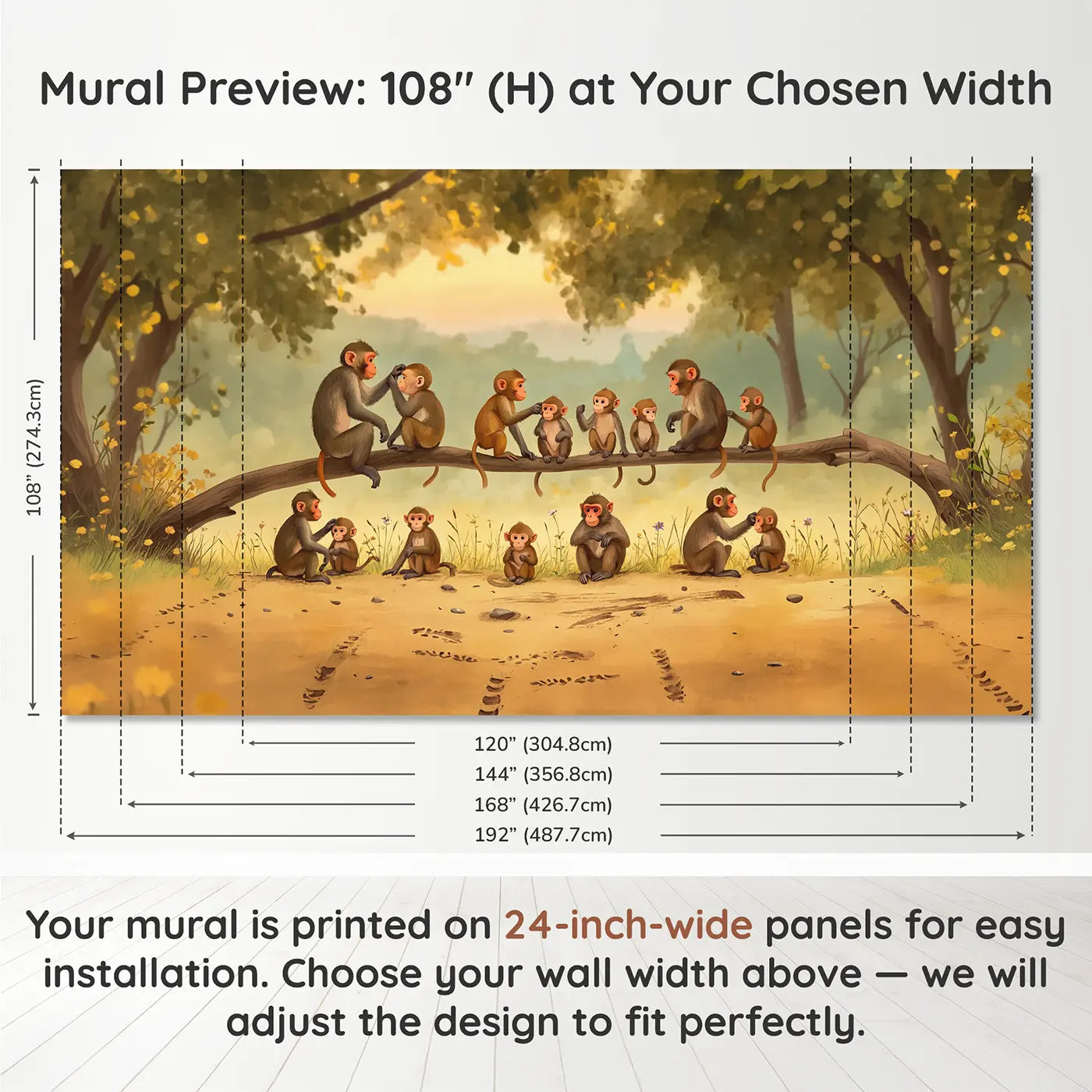 Panel layout and dimensions for Monkeys Grooming Branch Wallpaper Mural by Whimsy Tots