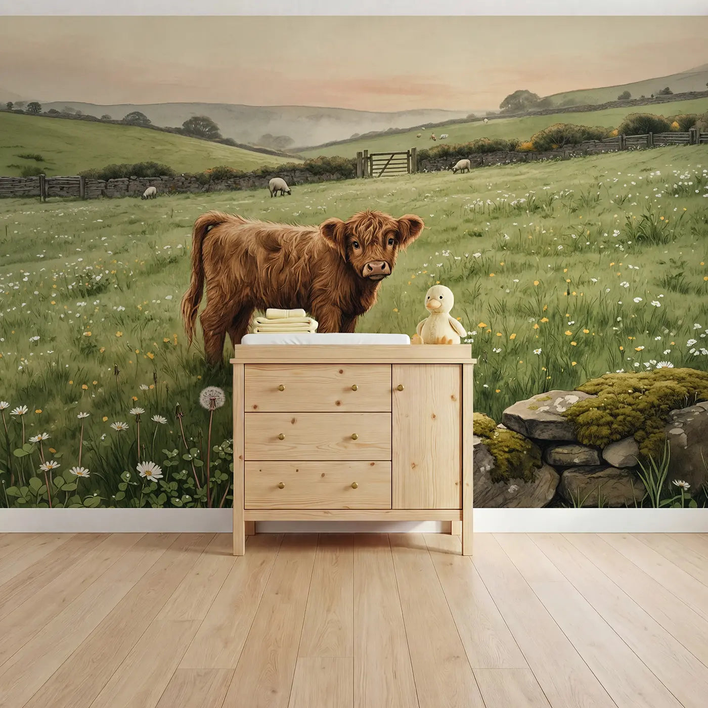 Storybook highland calf in heather wallpaper mural for nursery by Whimsy Tots