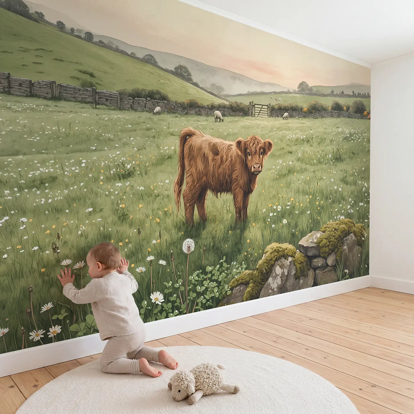 Child in nursery with Highland Calf Morning Wallpaper Mural by Whimsy Tots