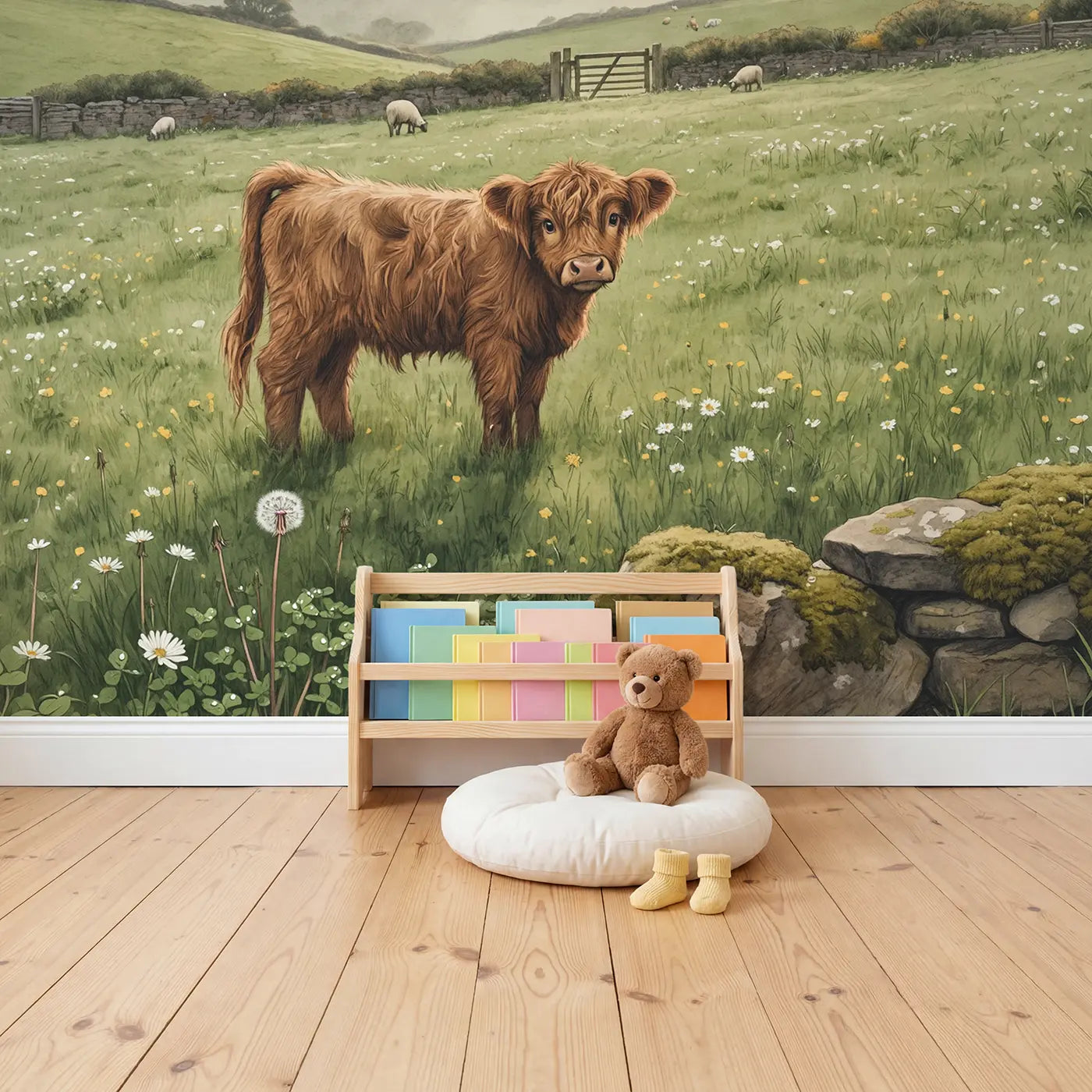 Highland Calf Morning Wallpaper Mural in playroom setting by Whimsy Tots