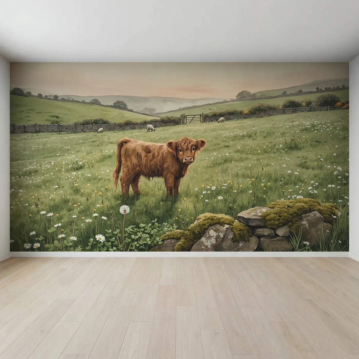 Full view of Highland Calf Morning Wallpaper Mural by Whimsy Tots