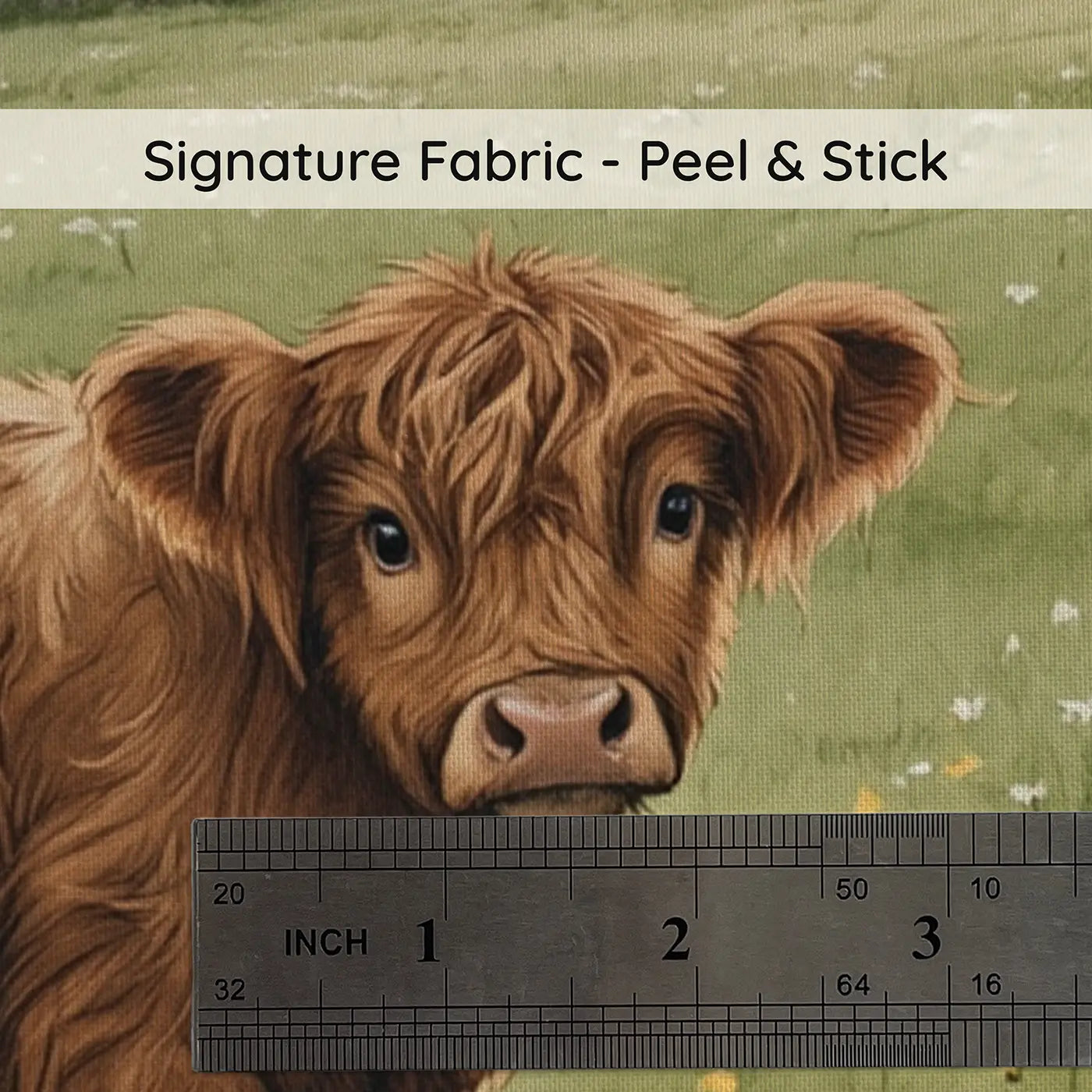 Fabric texture close-up of Highland Calf Morning Wallpaper Mural by Whimsy Tots