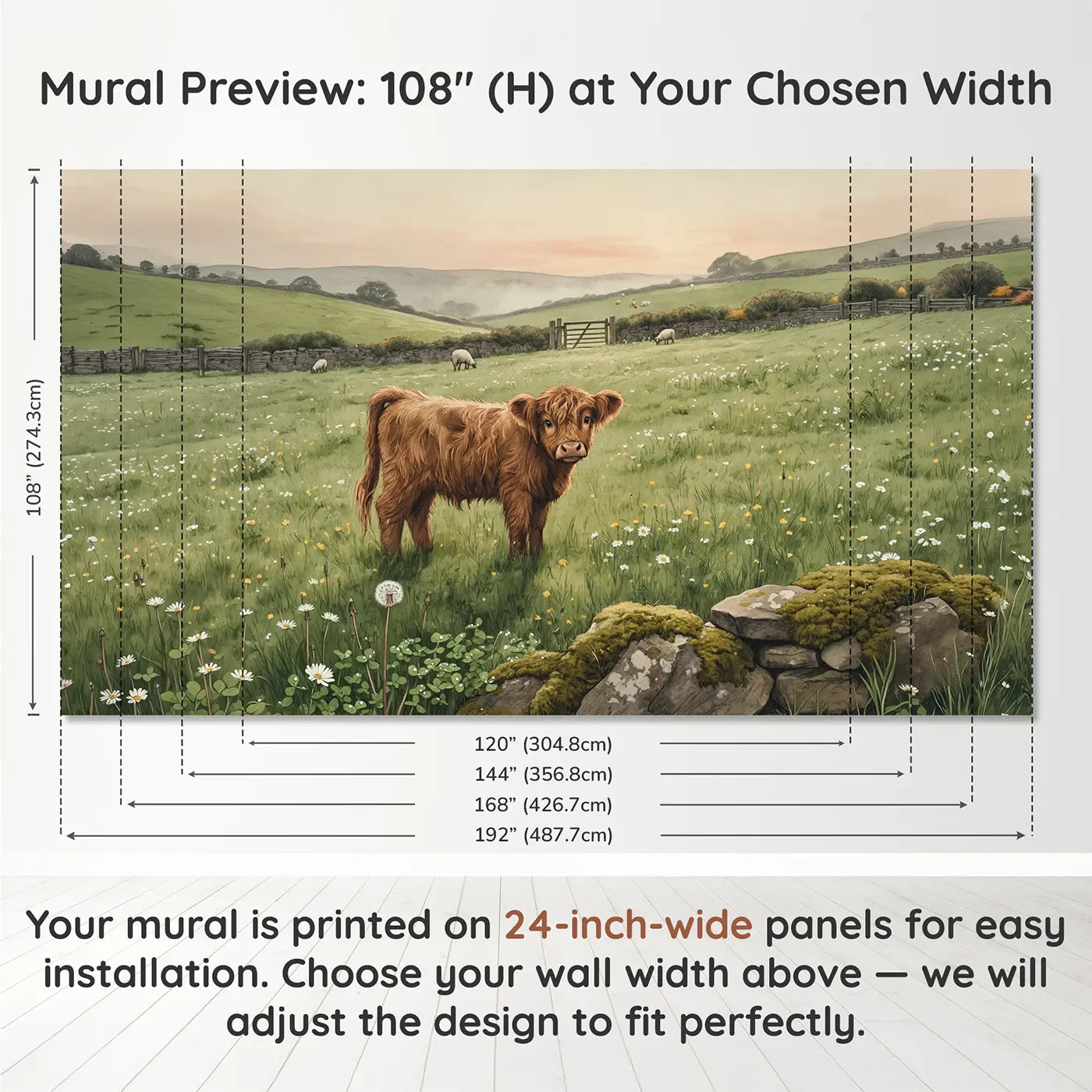 Panel layout and dimensions for Highland Calf Morning Wallpaper Mural by Whimsy Tots
