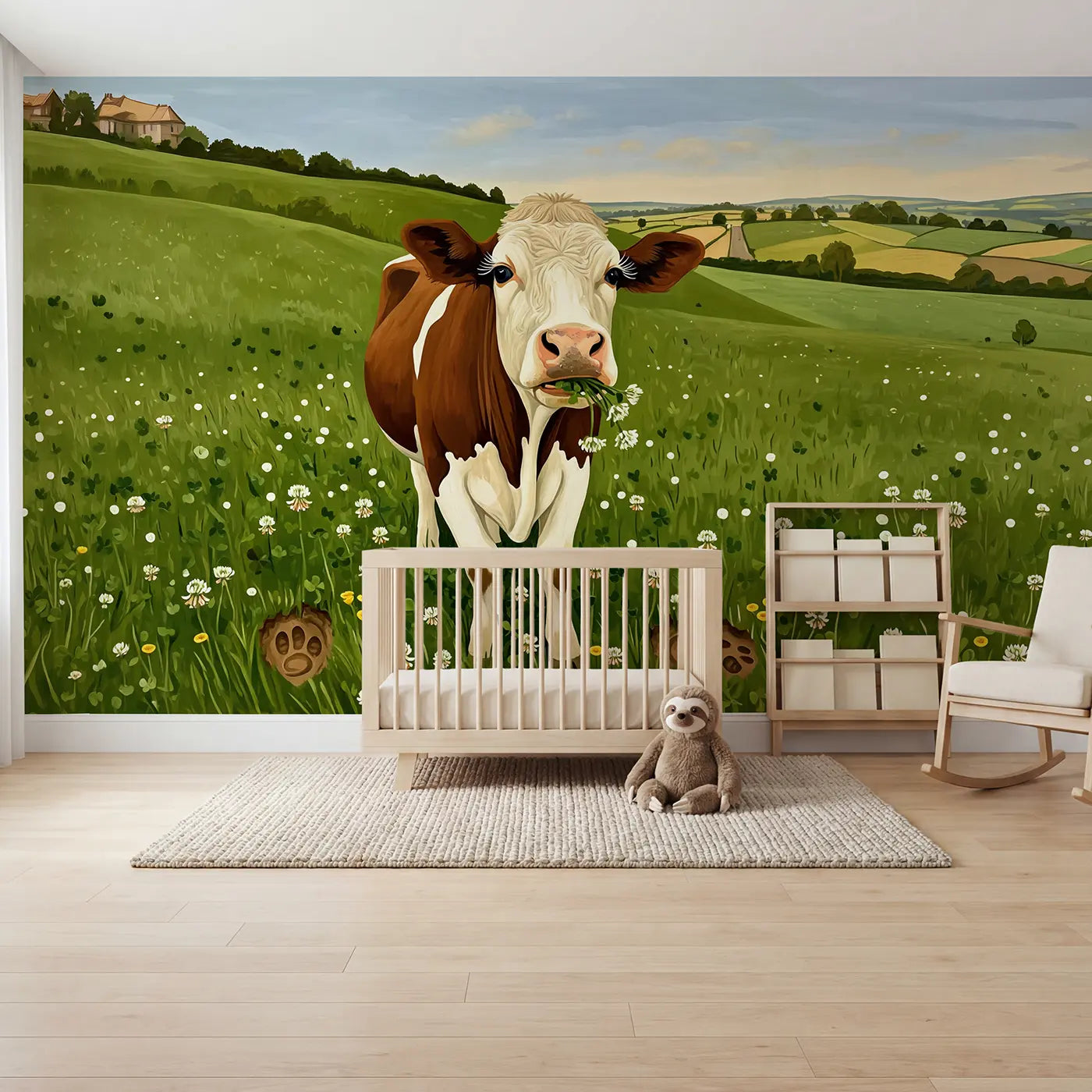 Modern Illustration gentle clover cow portrait wallpaper mural for kids room by Whimsy Tots