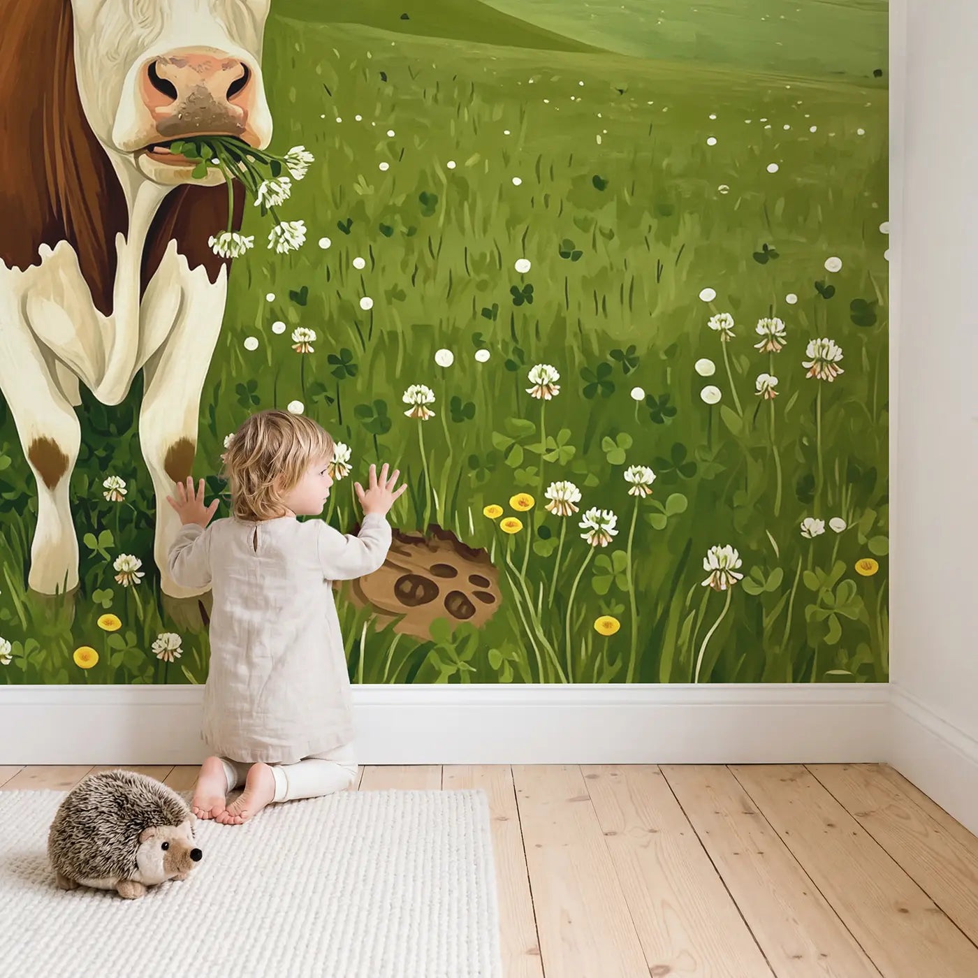 Child in nursery with Gentle Clover Cow Portrait Wallpaper Mural by Whimsy Tots