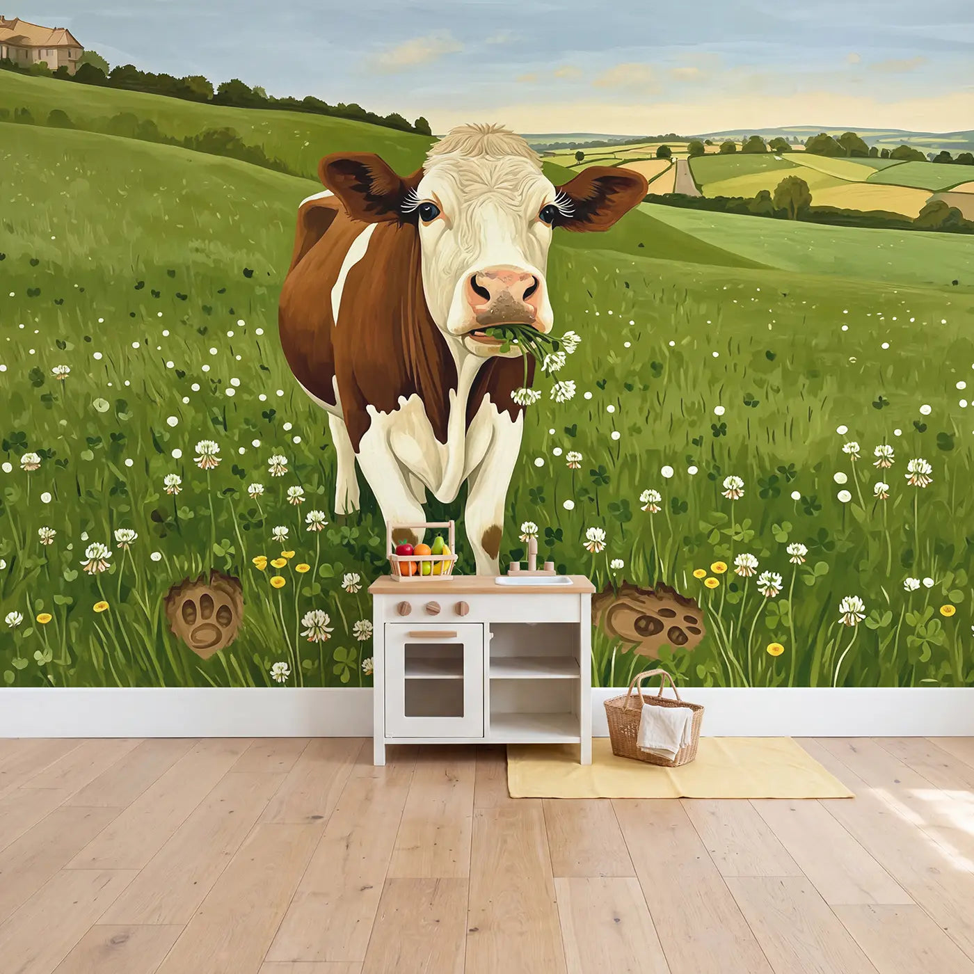 Gentle Clover Cow Portrait Wallpaper Mural in playroom setting by Whimsy Tots