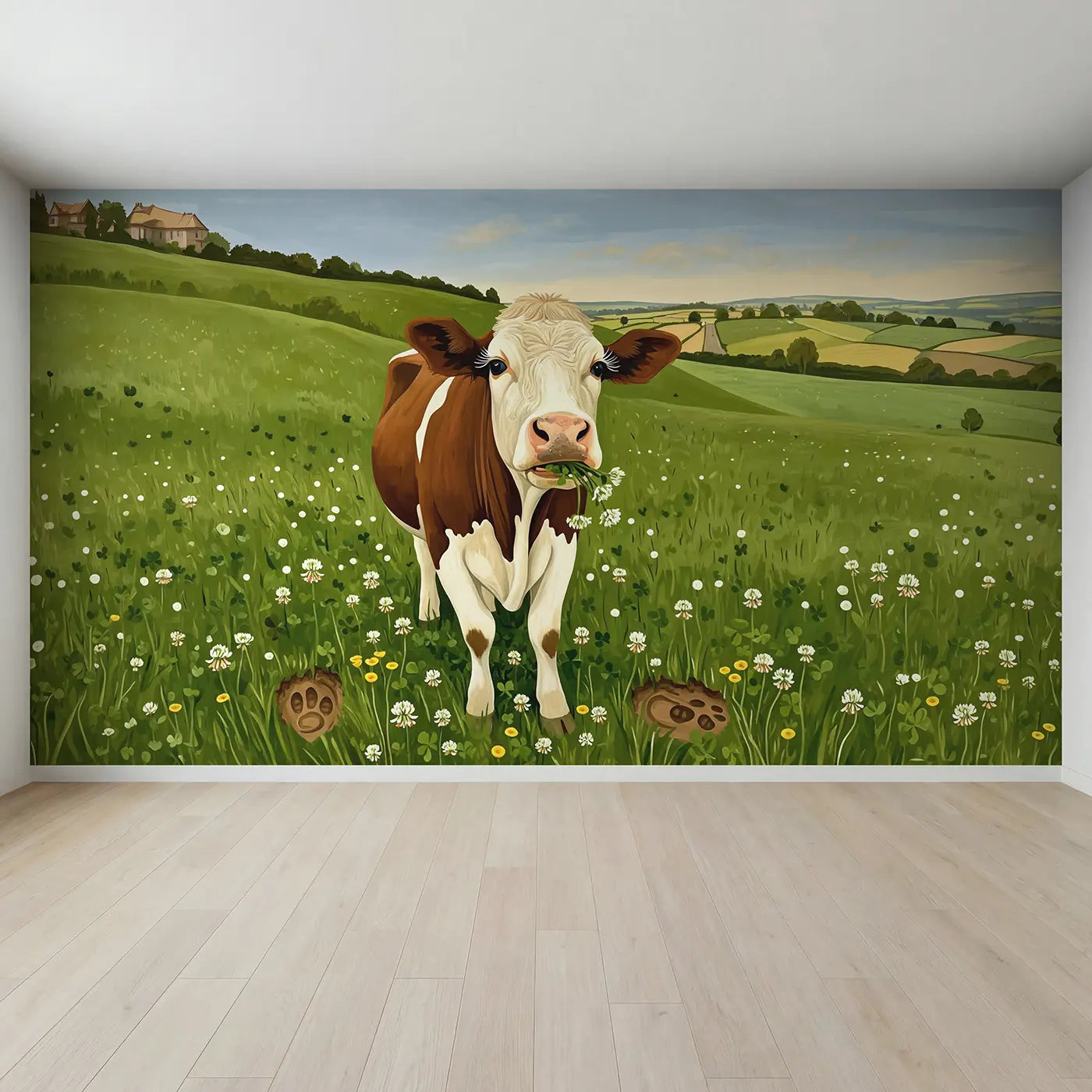 Full view of Gentle Clover Cow Portrait Wallpaper Mural by Whimsy Tots