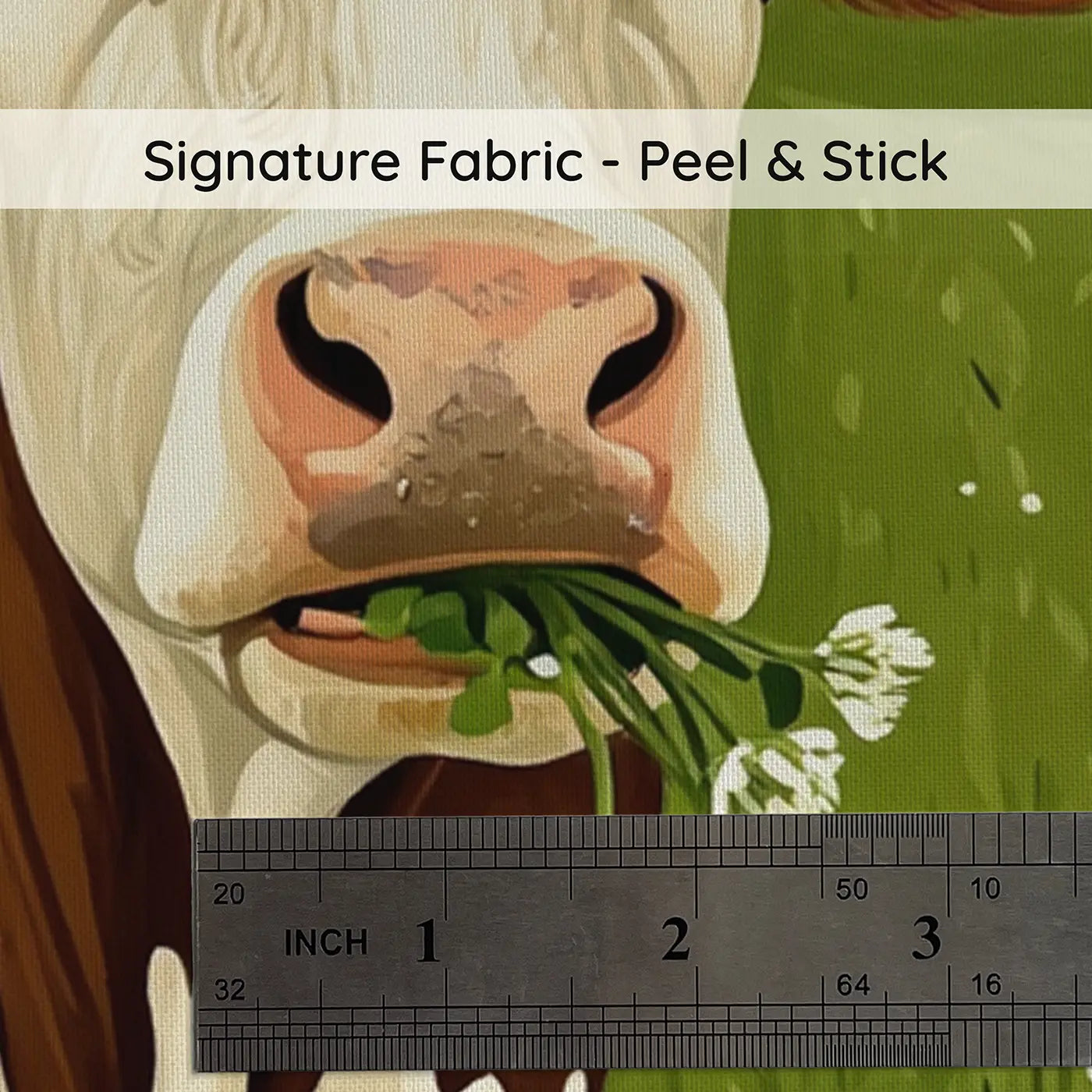 Fabric texture close-up of Gentle Clover Cow Portrait Wallpaper Mural by Whimsy Tots
