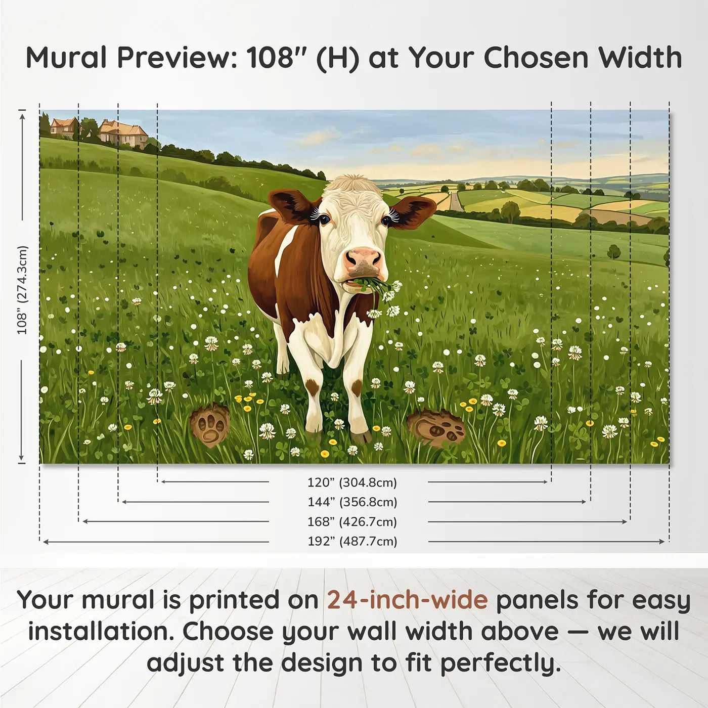 Panel layout and dimensions for Gentle Clover Cow Portrait Wallpaper Mural by Whimsy Tots