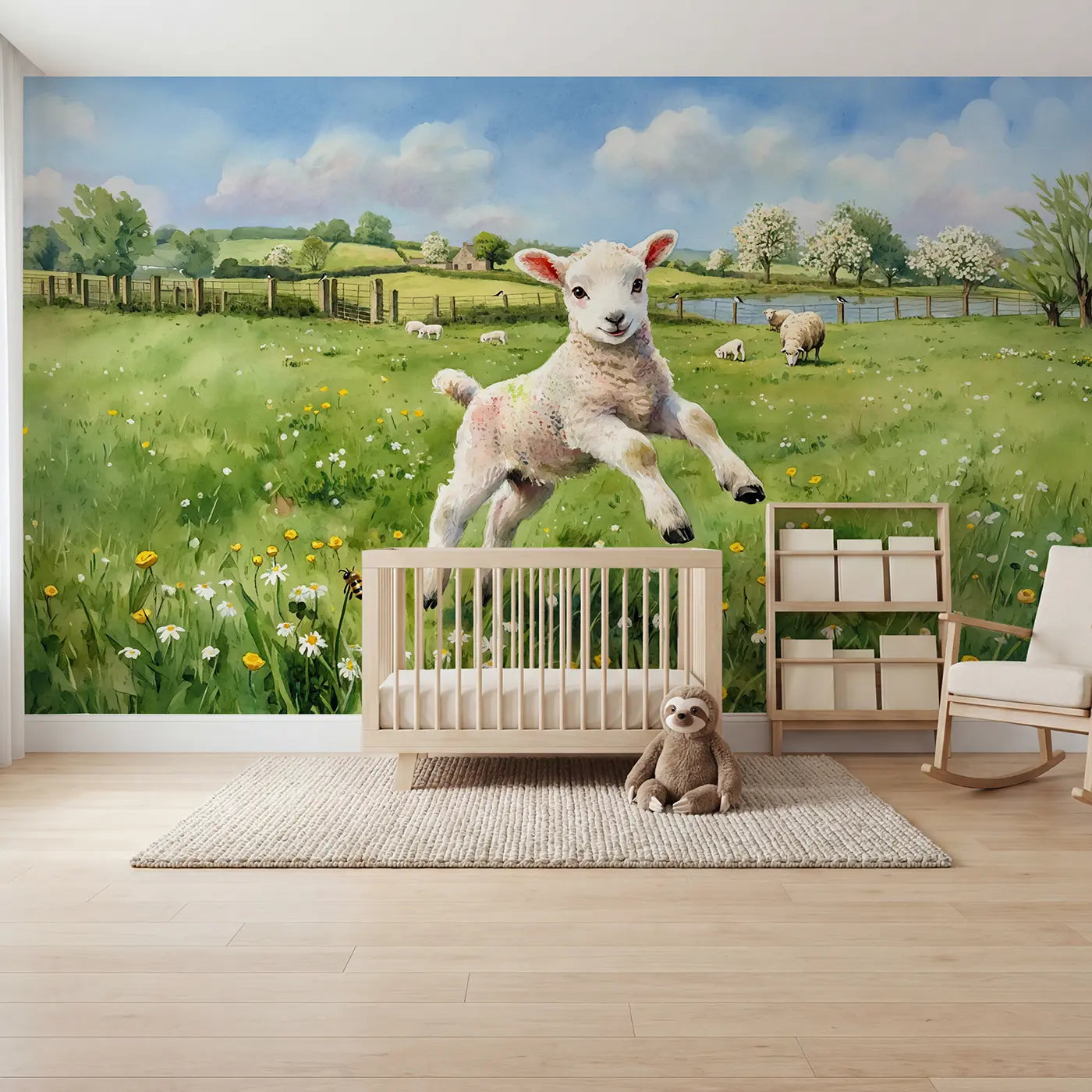 Watercolor leaping spring lamb meadow wallpaper mural for kids room by Whimsy Tots