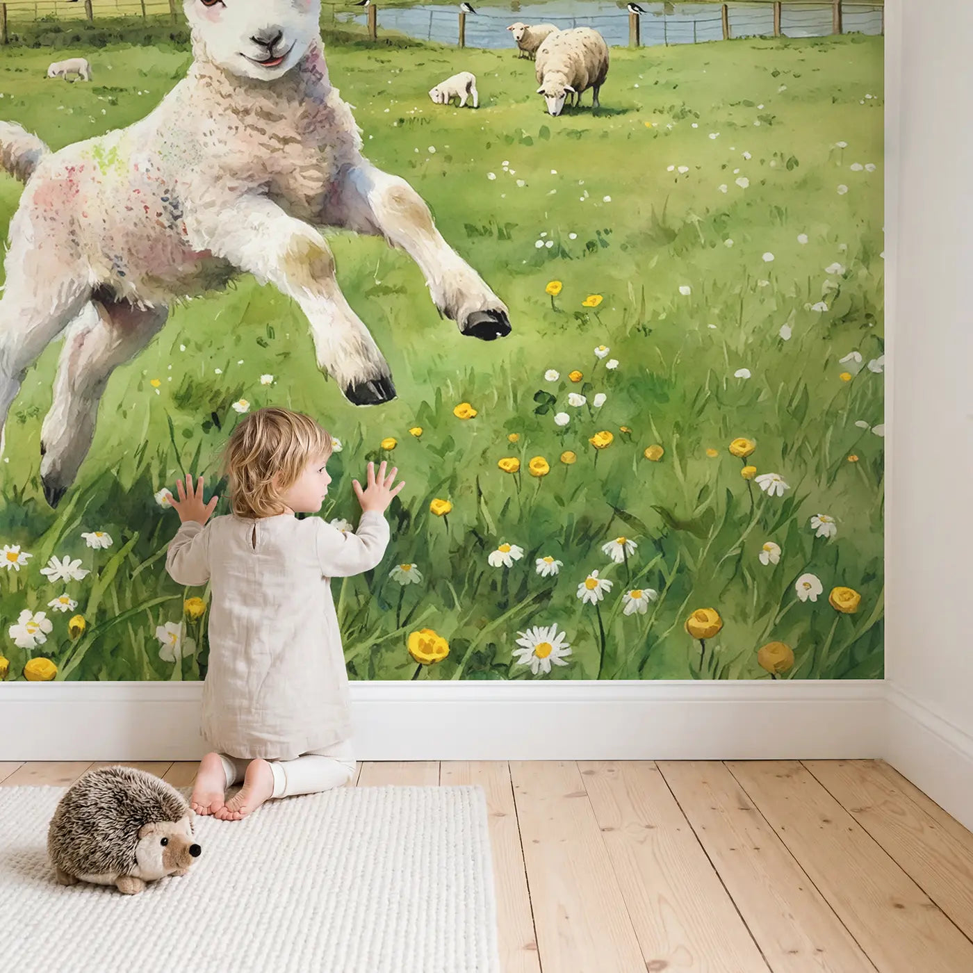 Child in nursery with Leaping Spring Lamb Wallpaper Mural by Whimsy Tots