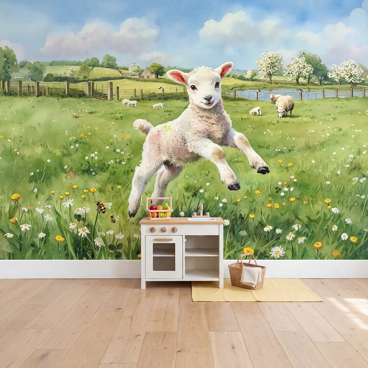 Leaping Spring Lamb Wallpaper Mural in playroom setting by Whimsy Tots