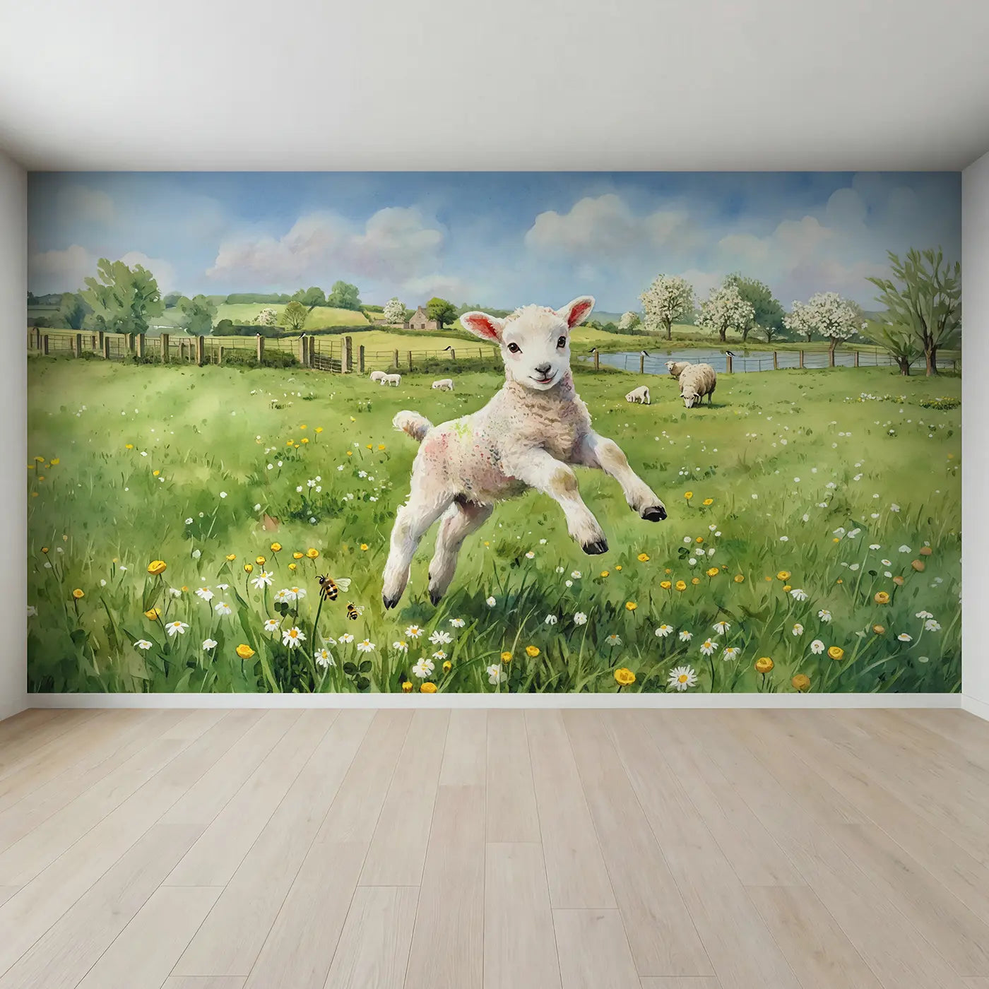 Full view of Leaping Spring Lamb Wallpaper Mural by Whimsy Tots