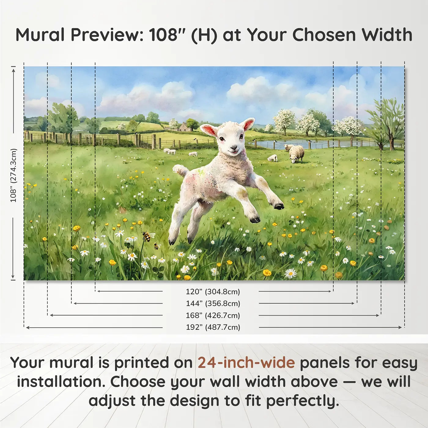 Panel layout and dimensions for Leaping Spring Lamb Wallpaper Mural by Whimsy Tots