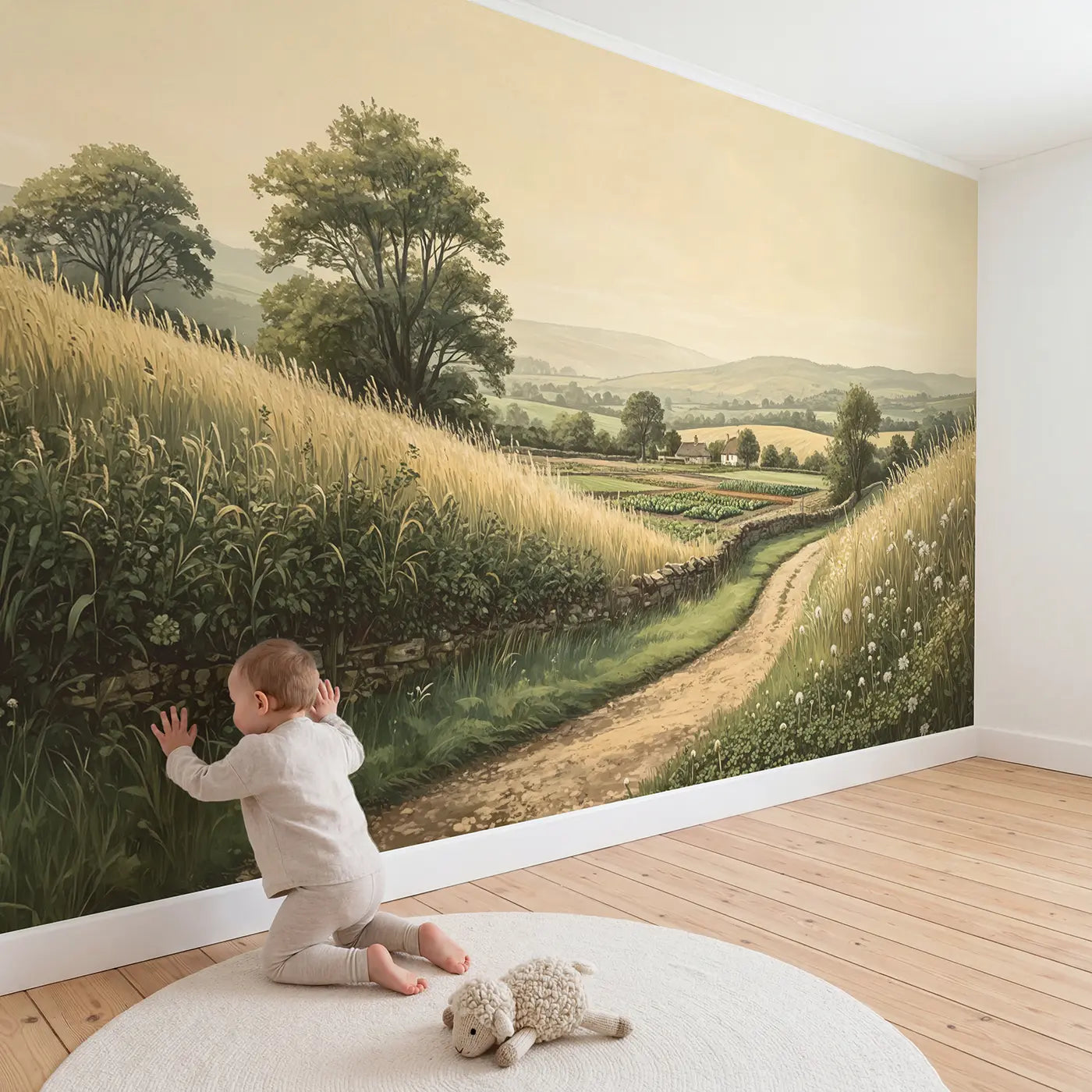 Child in nursery with Kitchen Garden Cottage Beyond Wallpaper Mural by Whimsy Tots