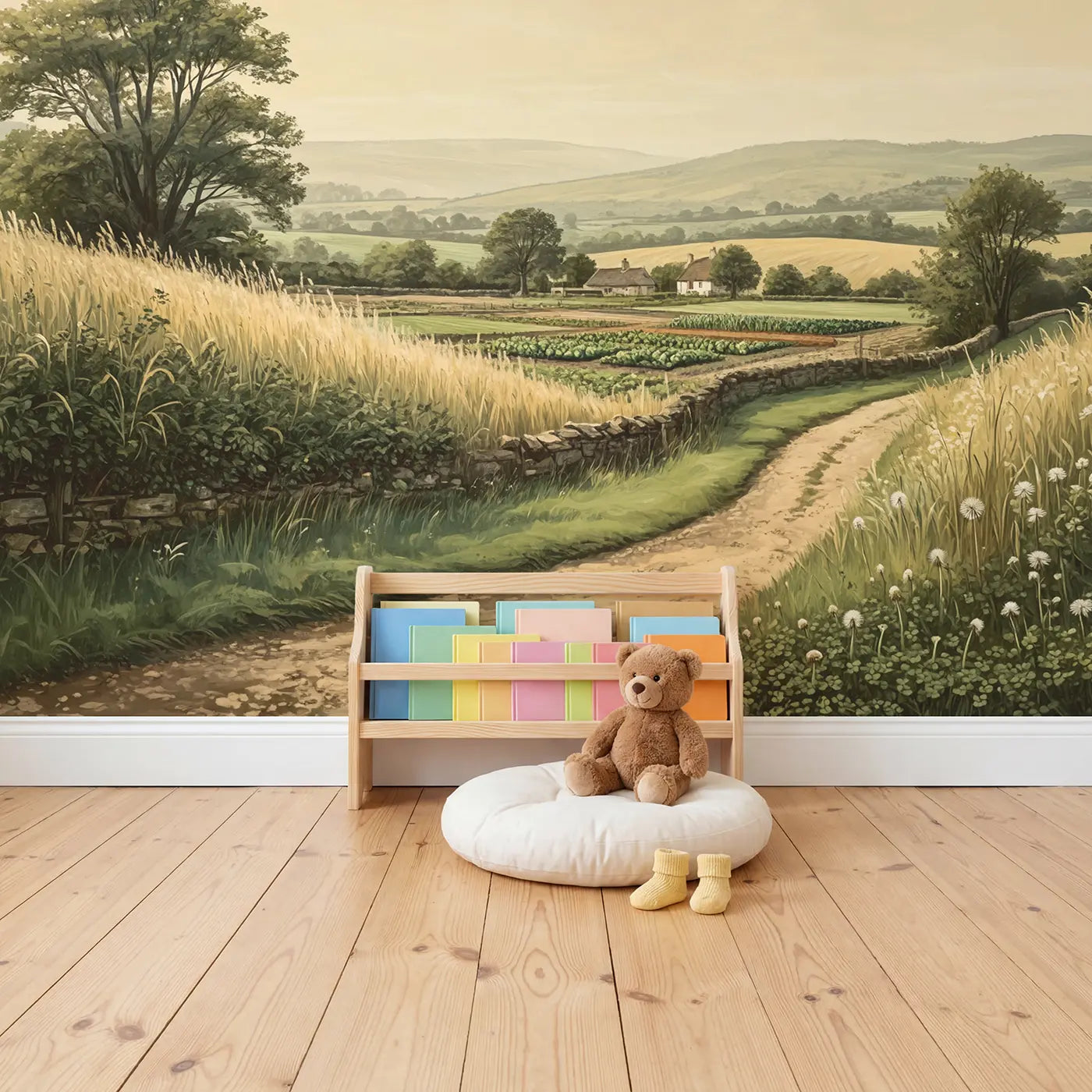 Kitchen Garden Cottage Beyond Wallpaper Mural in playroom setting by Whimsy Tots