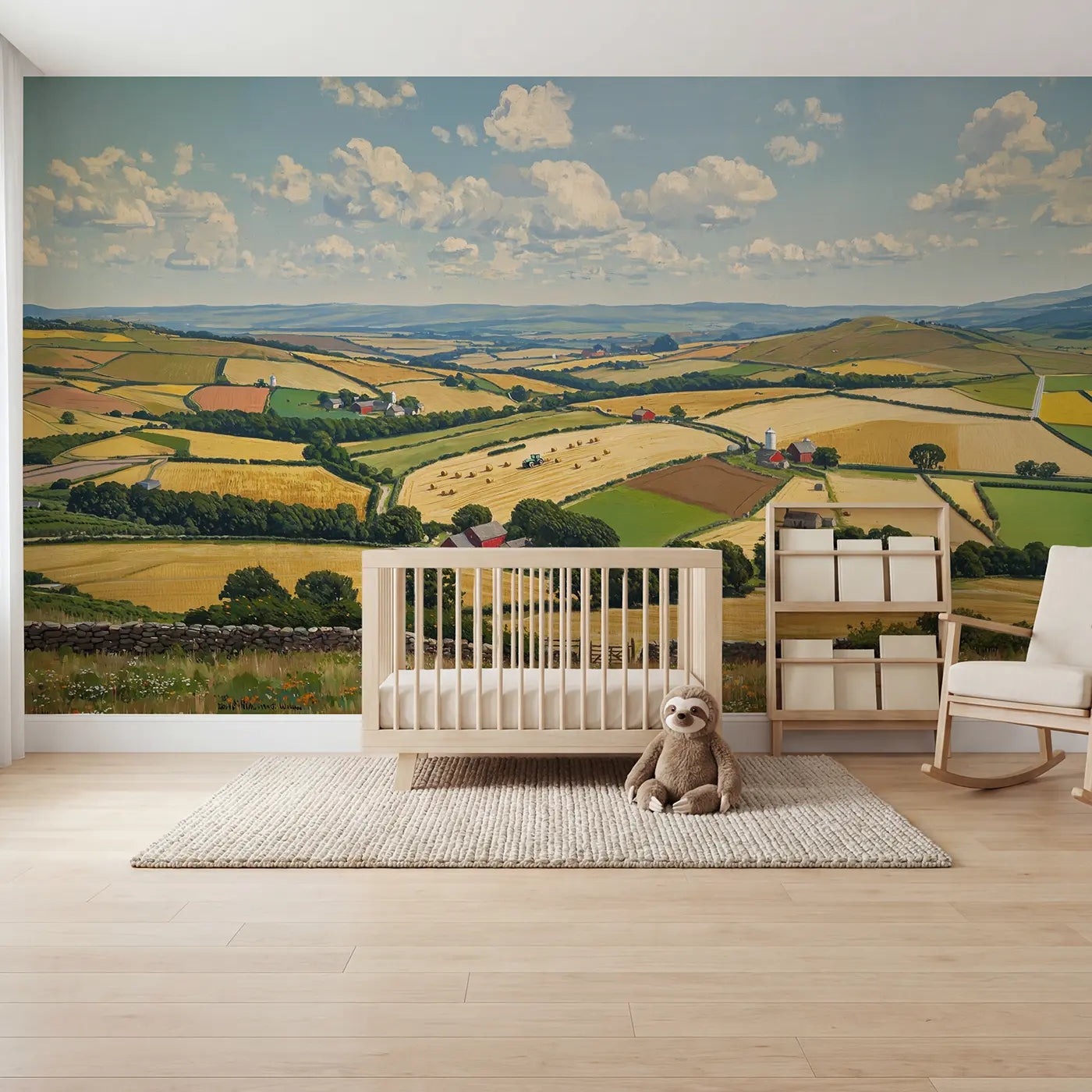 Painted landscape patchwork farmland panorama wallpaper mural for nursery by Whimsy Tots