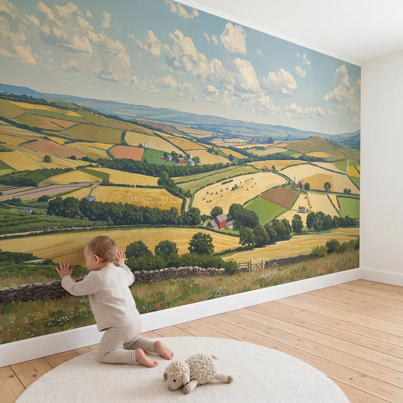 Child in nursery with Patchwork Farmland Panorama Wallpaper Mural by Whimsy Tots