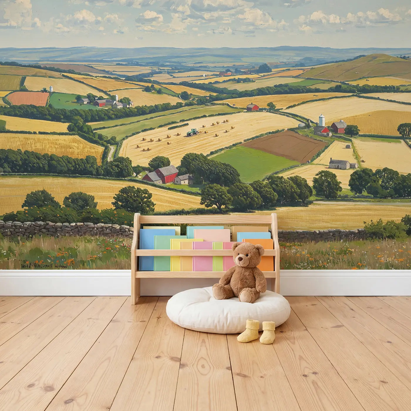 Patchwork Farmland Panorama Wallpaper Mural in playroom setting by Whimsy Tots