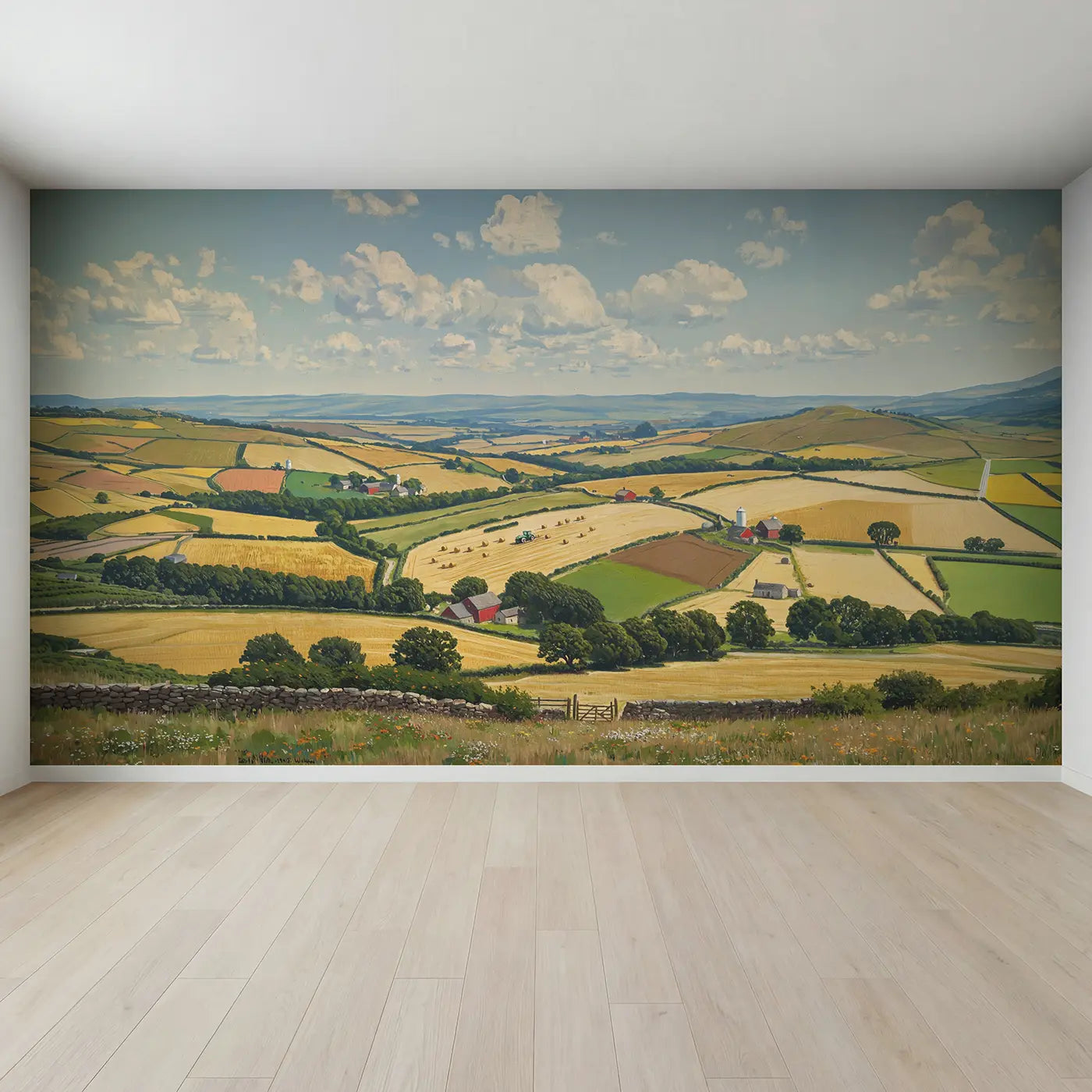 Full view of Patchwork Farmland Panorama Wallpaper Mural by Whimsy Tots