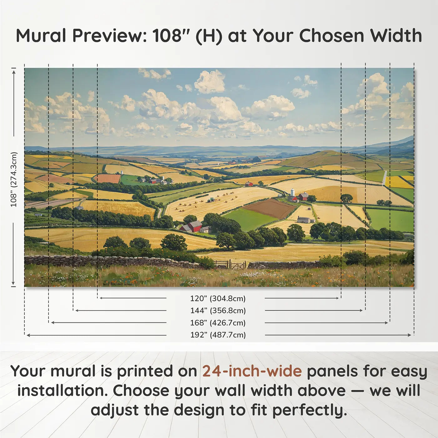 Panel layout and dimensions for Patchwork Farmland Panorama Wallpaper Mural by Whimsy Tots