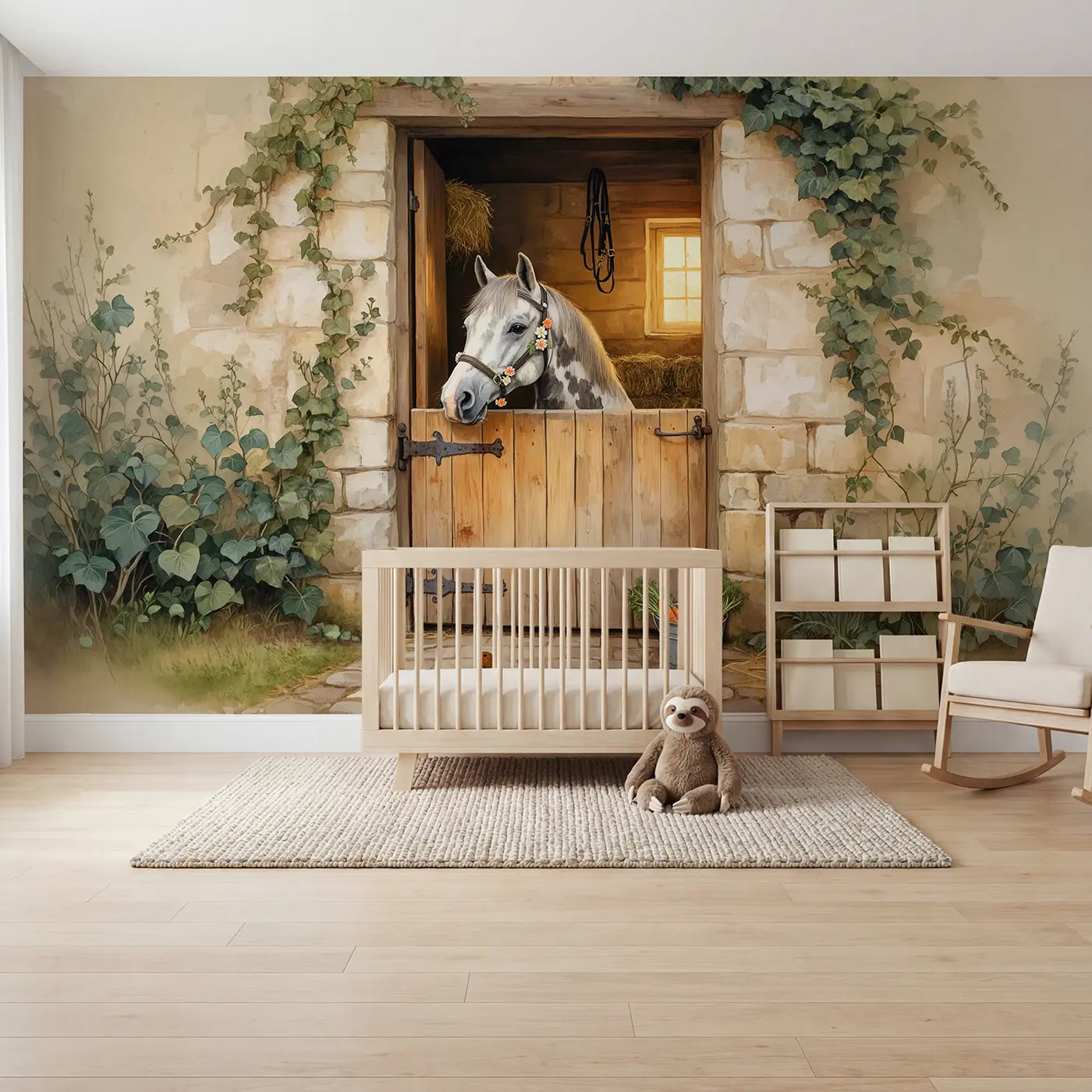 Soft pastel horse countryside wallpaper mural for kids room by Whimsy Tots