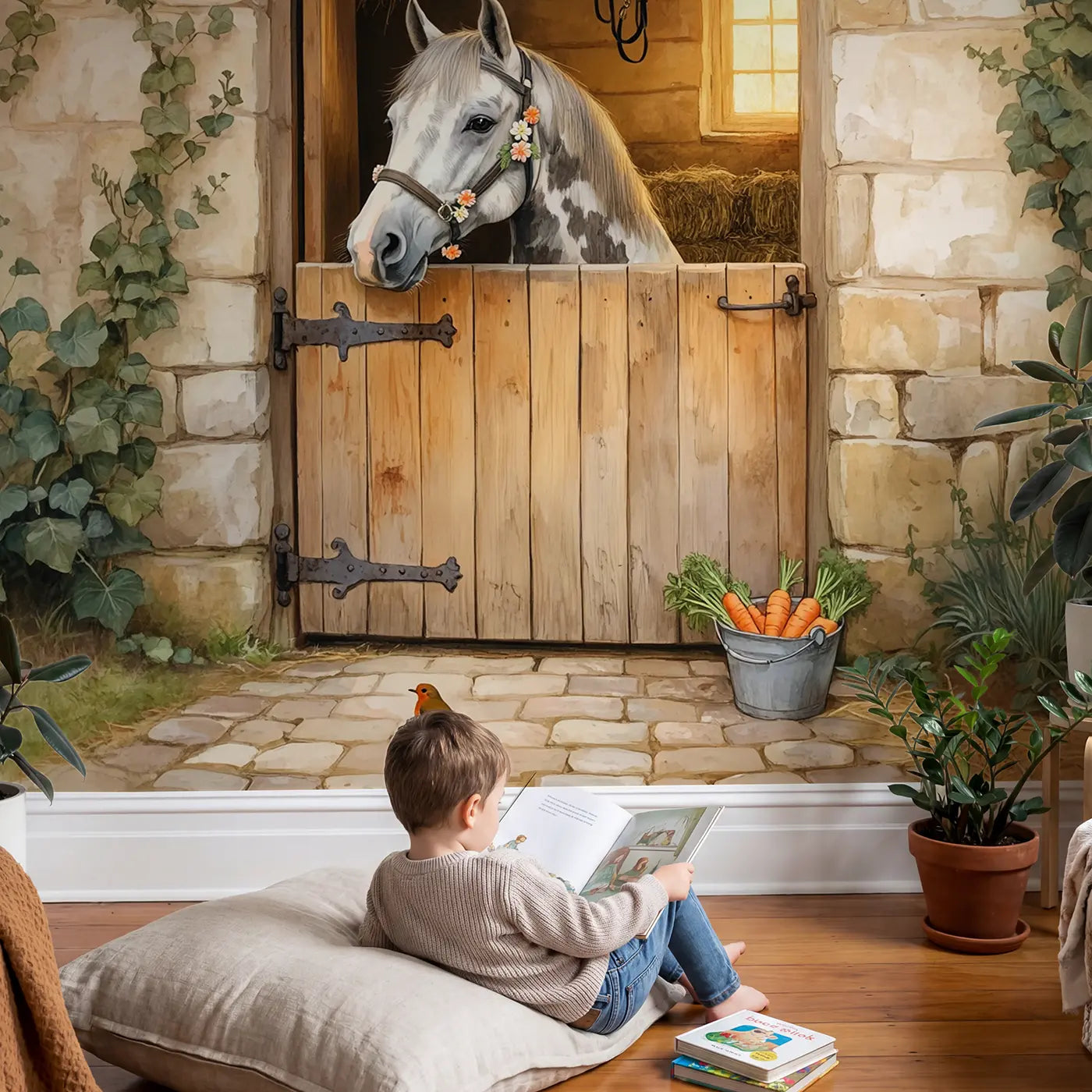 Child in nursery with Stable Door Grey Horse Wallpaper Mural by Whimsy Tots