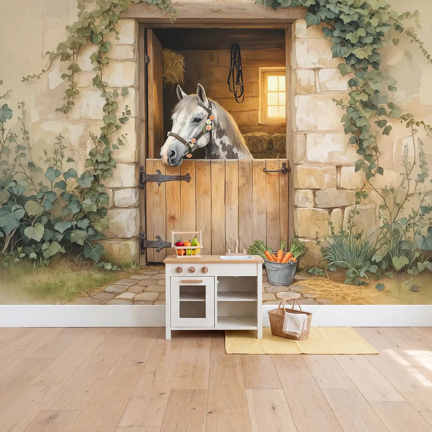 Stable Door Grey Horse Wallpaper Mural in playroom setting by Whimsy Tots