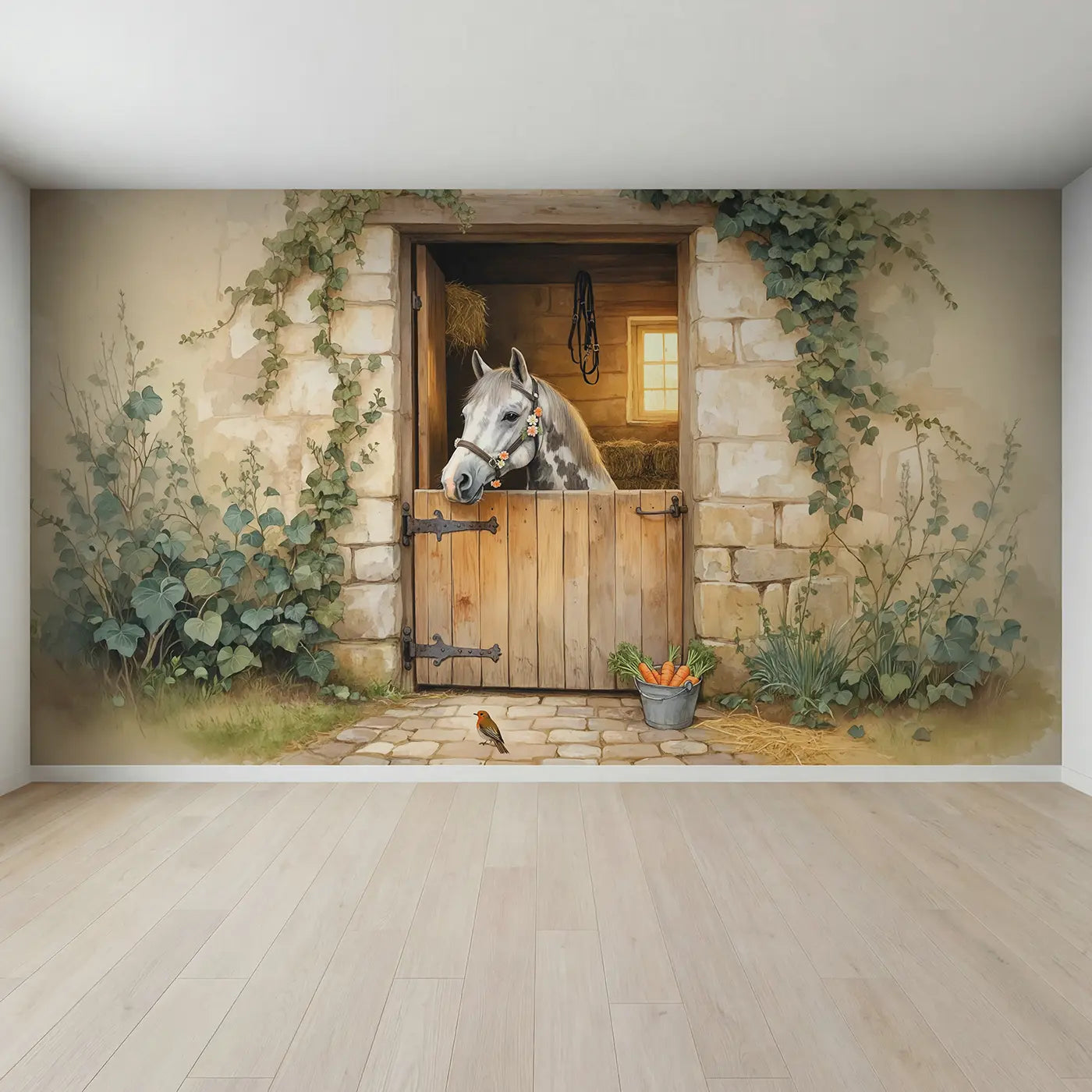 Full view of Stable Door Grey Horse Wallpaper Mural by Whimsy Tots