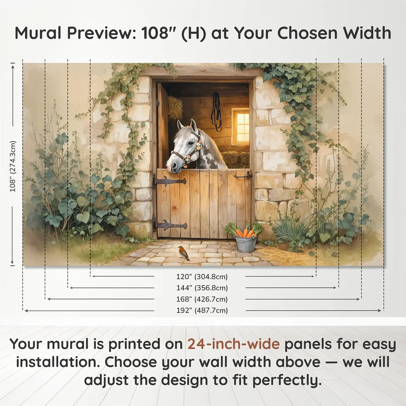 Panel layout and dimensions for Stable Door Grey Horse Wallpaper Mural by Whimsy Tots
