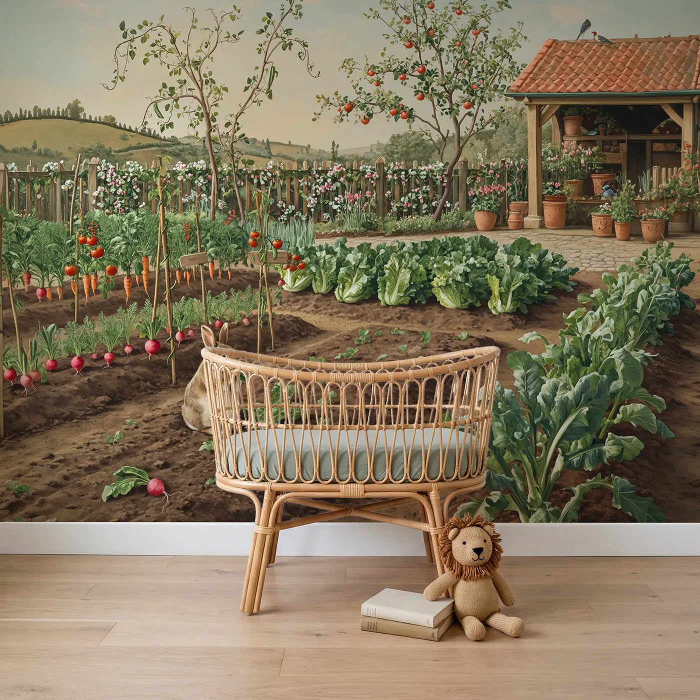 Botanical elegance rabbit kitchen garden cottage wallpaper mural for boys room by Whimsy Tots