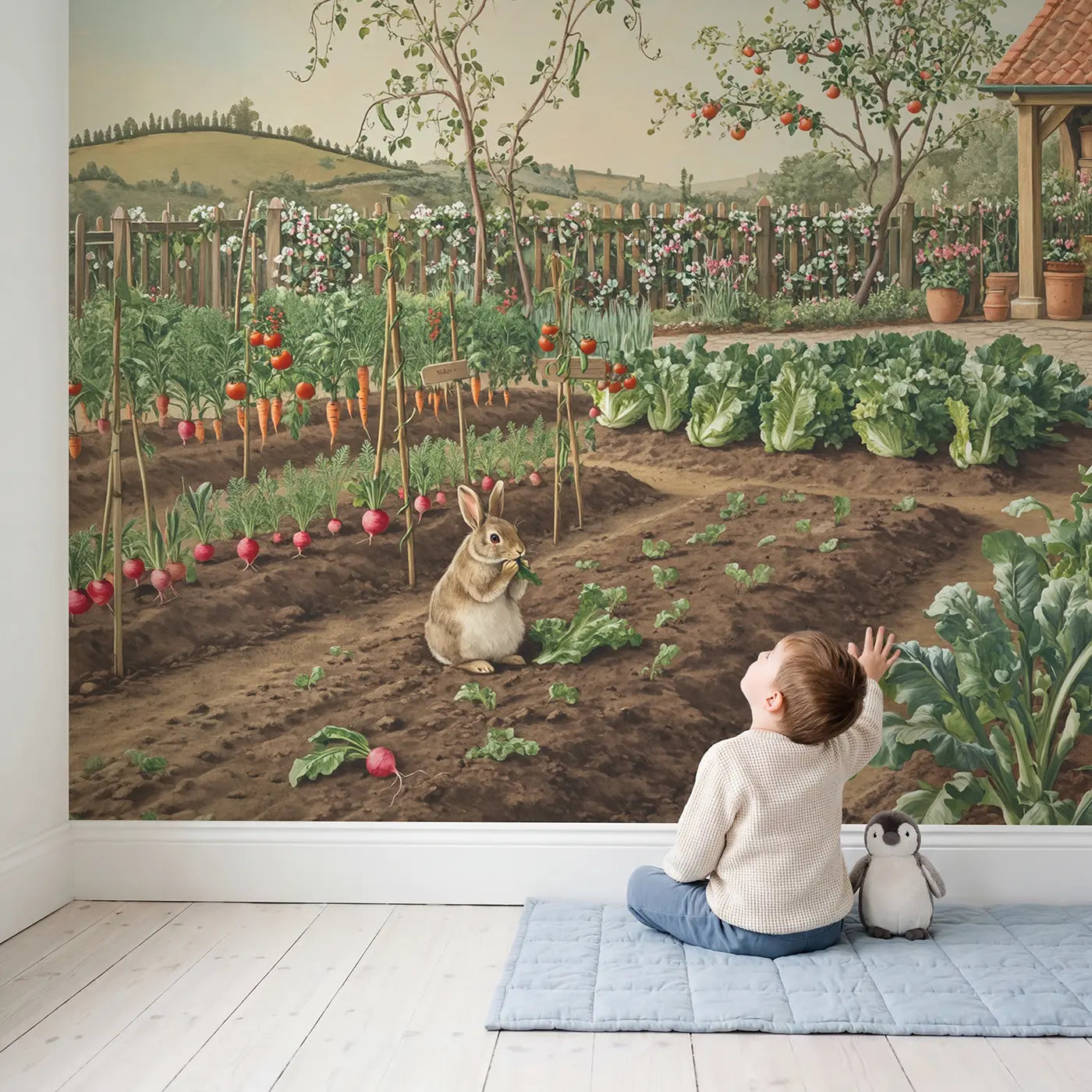Child in nursery with Kitchen Garden Rabbit Wallpaper Mural by Whimsy Tots