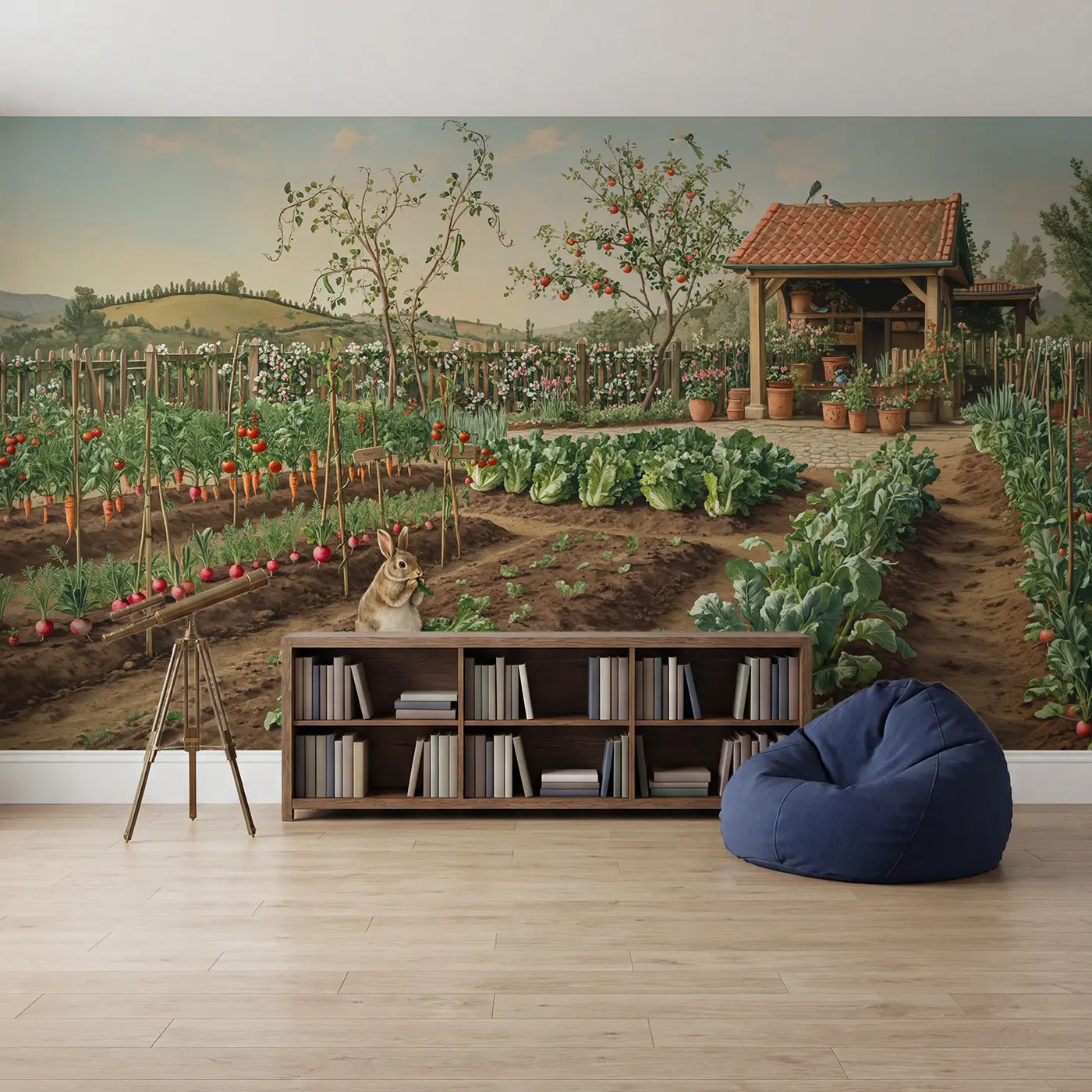 Kitchen Garden Rabbit Wallpaper Mural in playroom setting by Whimsy Tots